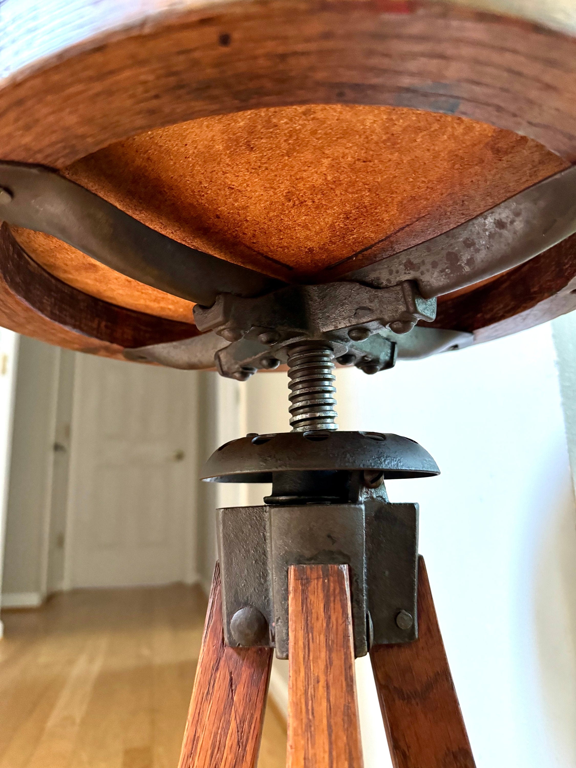 Antique Leather Top Wood and Cast Iron Adjustable Stool | Leather Top Wood Stool | Wooden Drafting Stool | Adjustable Draftsman Stool