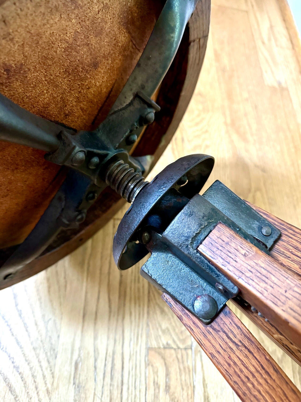 Antique Leather Top Wood and Cast Iron Adjustable Stool | Leather Top Wood Stool | Wooden Drafting Stool | Adjustable Draftsman Stool