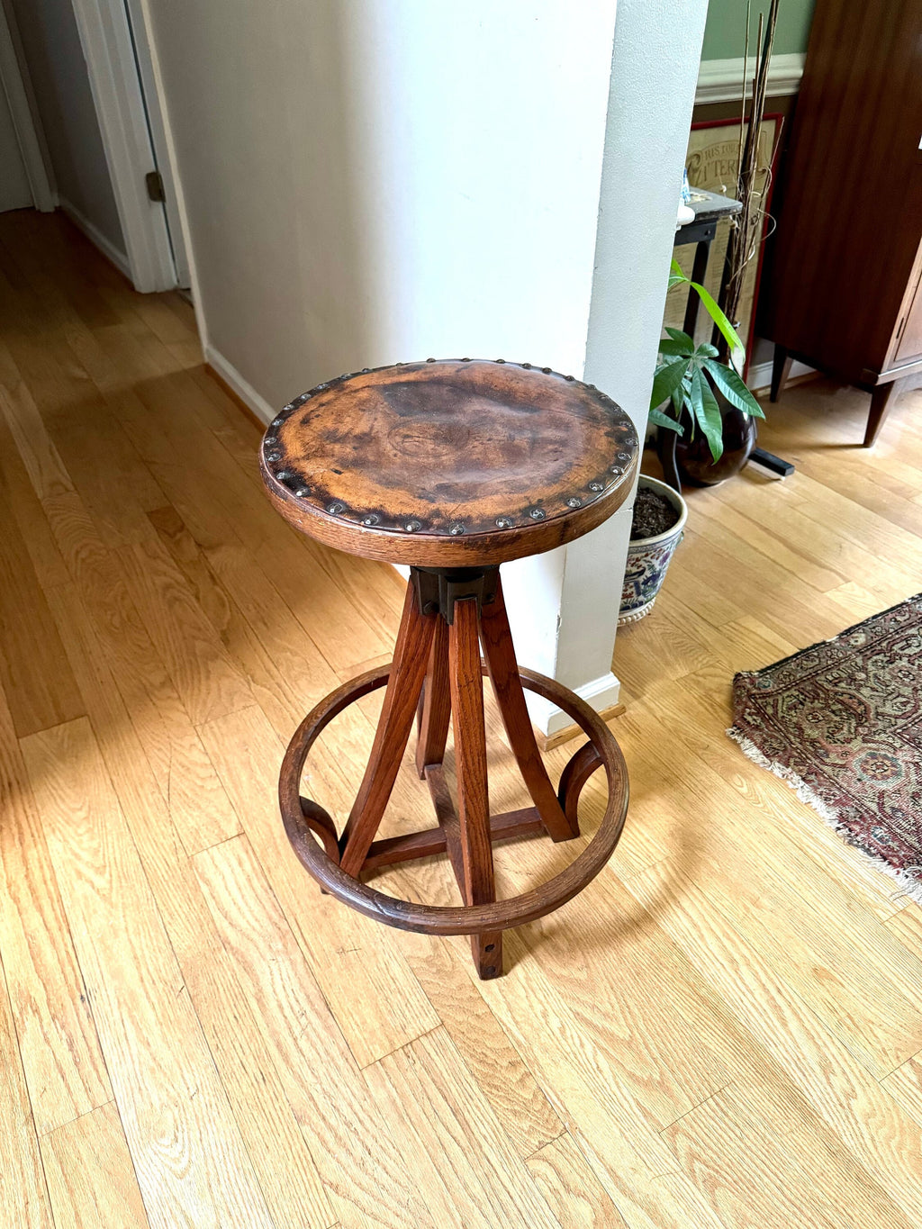Antique Leather Top Wood and Cast Iron Adjustable Stool | Leather Top Wood Stool | Wooden Drafting Stool | Adjustable Draftsman Stool