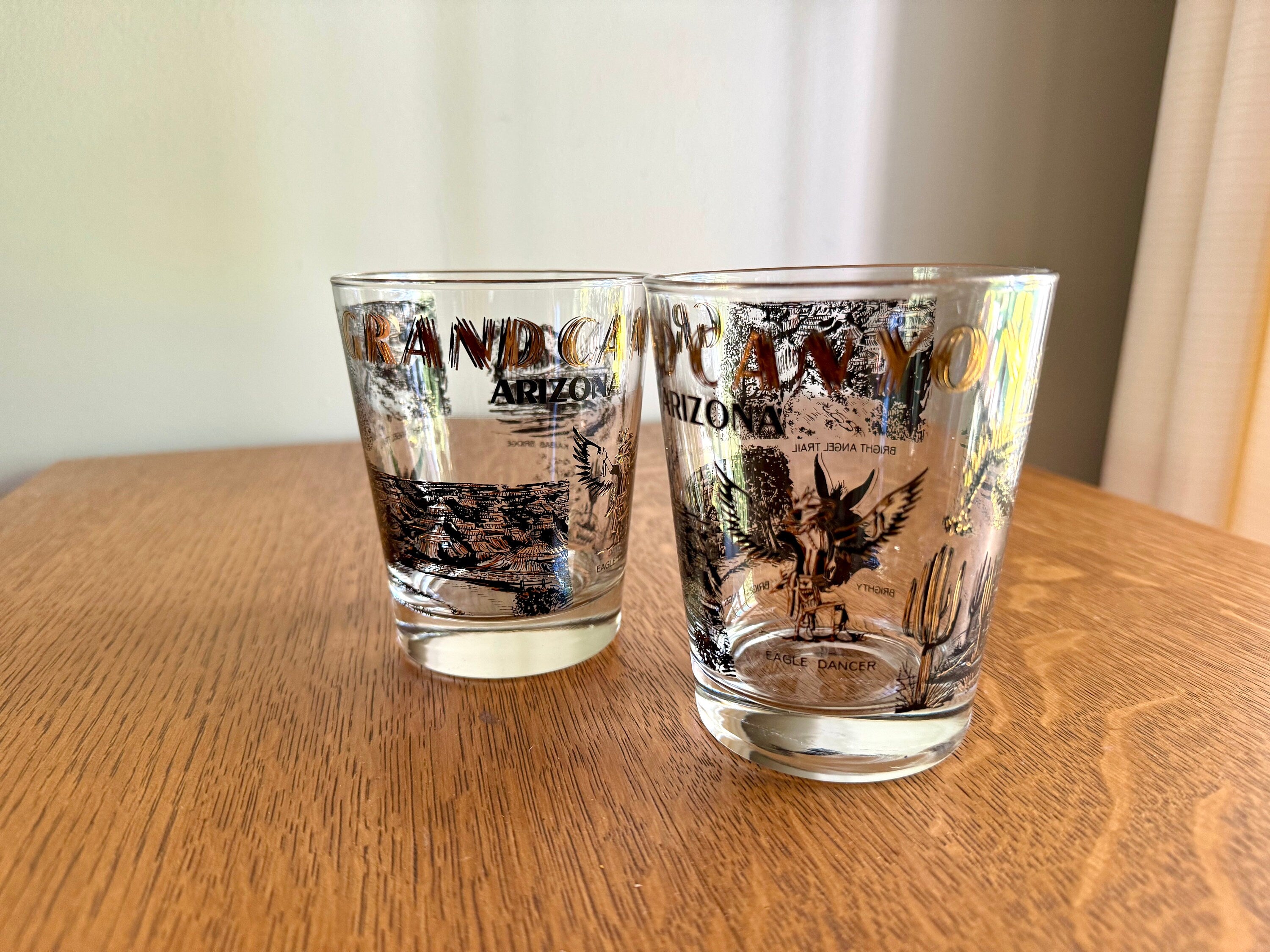 Vtg Set of 2 Arizona Grand Canyon Lowball Glasses | Grand Canyon Rocks Glasses | Black and Gold Grand Canyon Whiskey Glasses