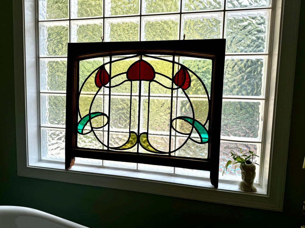 Antique Leaded Stained Glass Window | English Stained Glass Framed Panel | Floral Design Leaded Stained Glass Panel | Late 1800's early 1900's