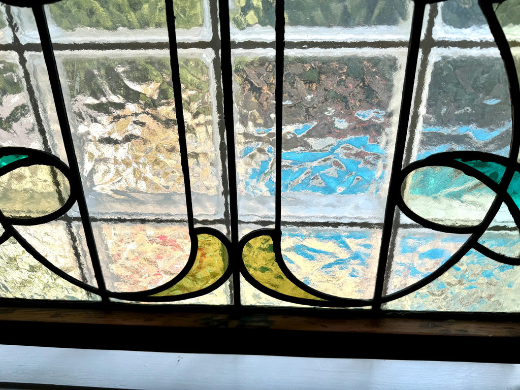Antique Leaded Stained Glass Window | English Stained Glass Framed Panel | Floral Design Leaded Stained Glass Panel | Late 1800's early 1900's
