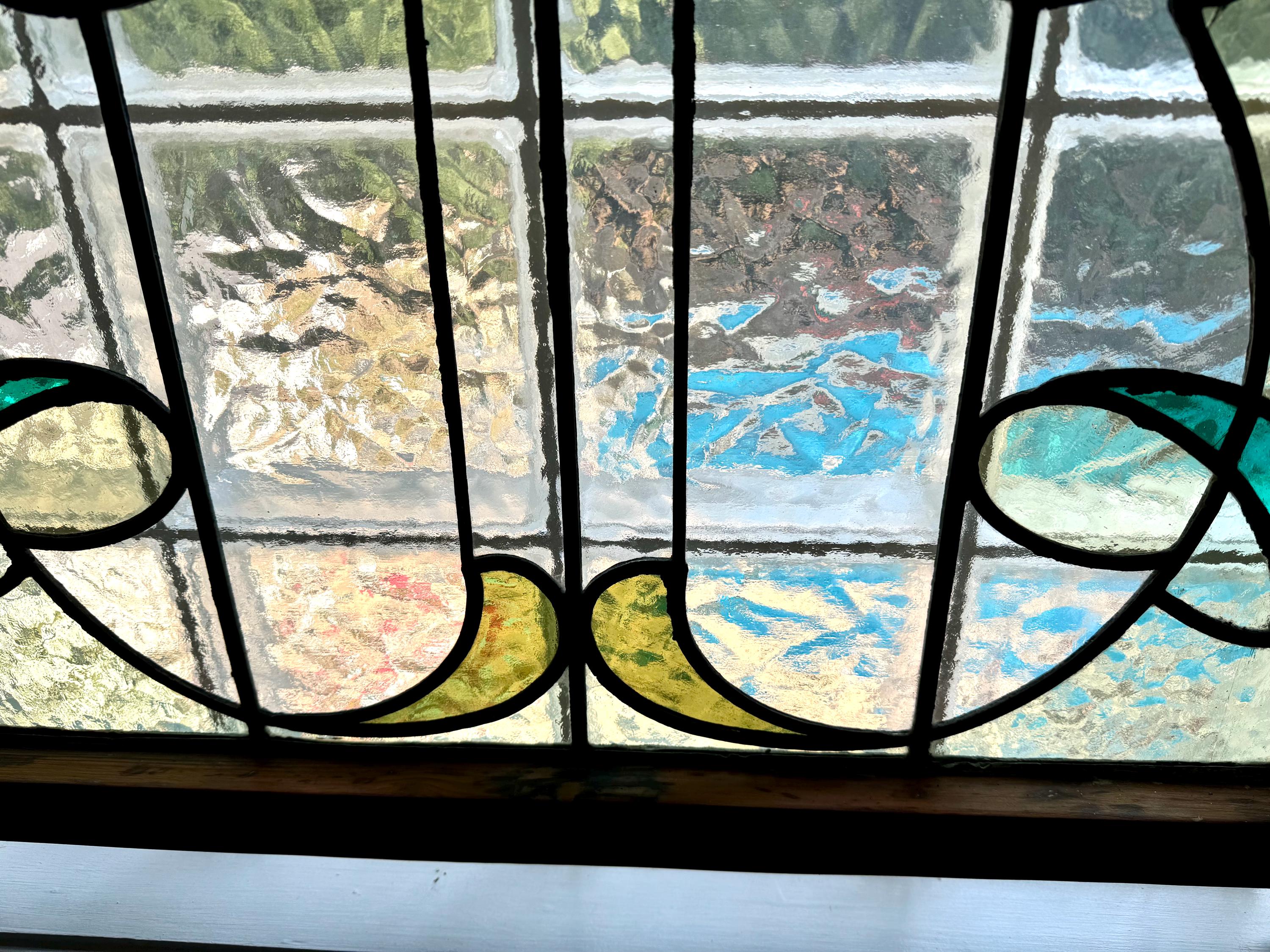 Antique Leaded Stained Glass Window | English Stained Glass Framed Panel | Floral Design Leaded Stained Glass Panel | Late 1800's early 1900's
