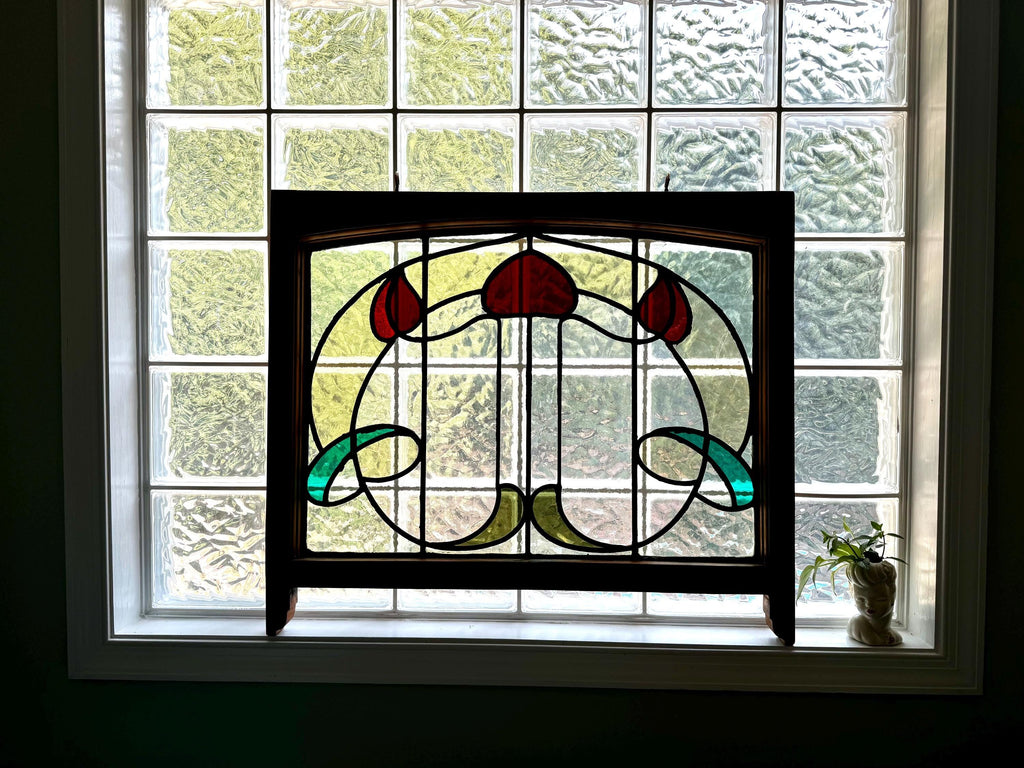 Antique Leaded Stained Glass Window | English Stained Glass Framed Panel | Floral Design Leaded Stained Glass Panel | Late 1800's early 1900's