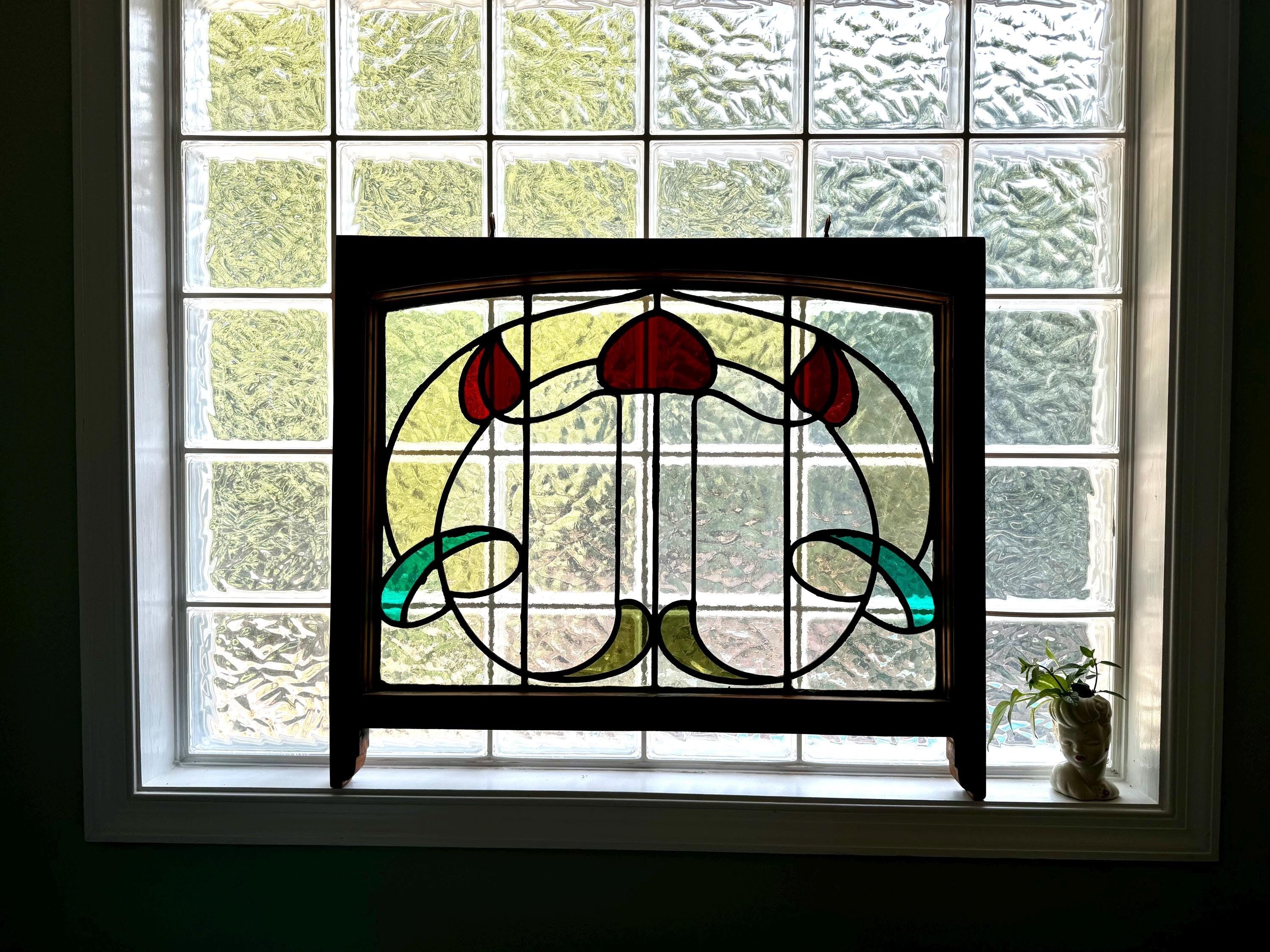 Antique Leaded Stained Glass Window | English Stained Glass Framed Panel | Floral Design Leaded Stained Glass Panel | Late 1800's early 1900's
