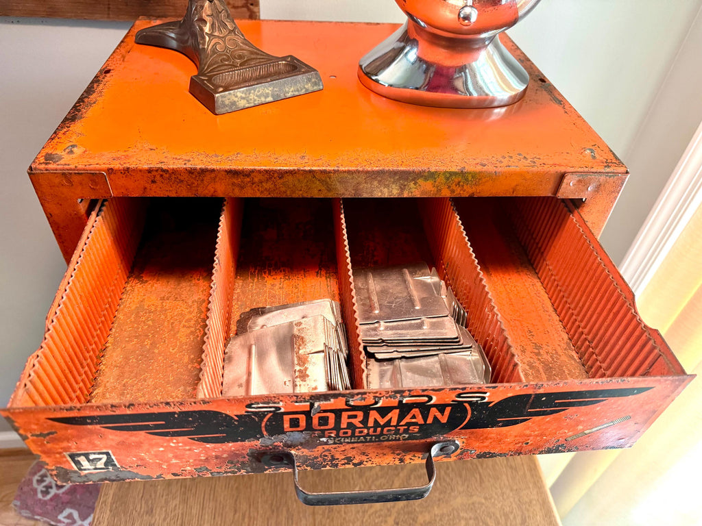 Distressed Dorman Products Parts Bin | Heavy Duty 4 Drawer Parts Bin | Industrial Advertisement Parts Cabinet | Automotive Parts Cabinet
