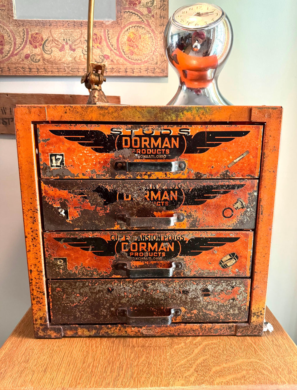 Distressed Dorman Products Parts Bin | Heavy Duty 4 Drawer Parts Bin | Industrial Advertisement Parts Cabinet | Automotive Parts Cabinet