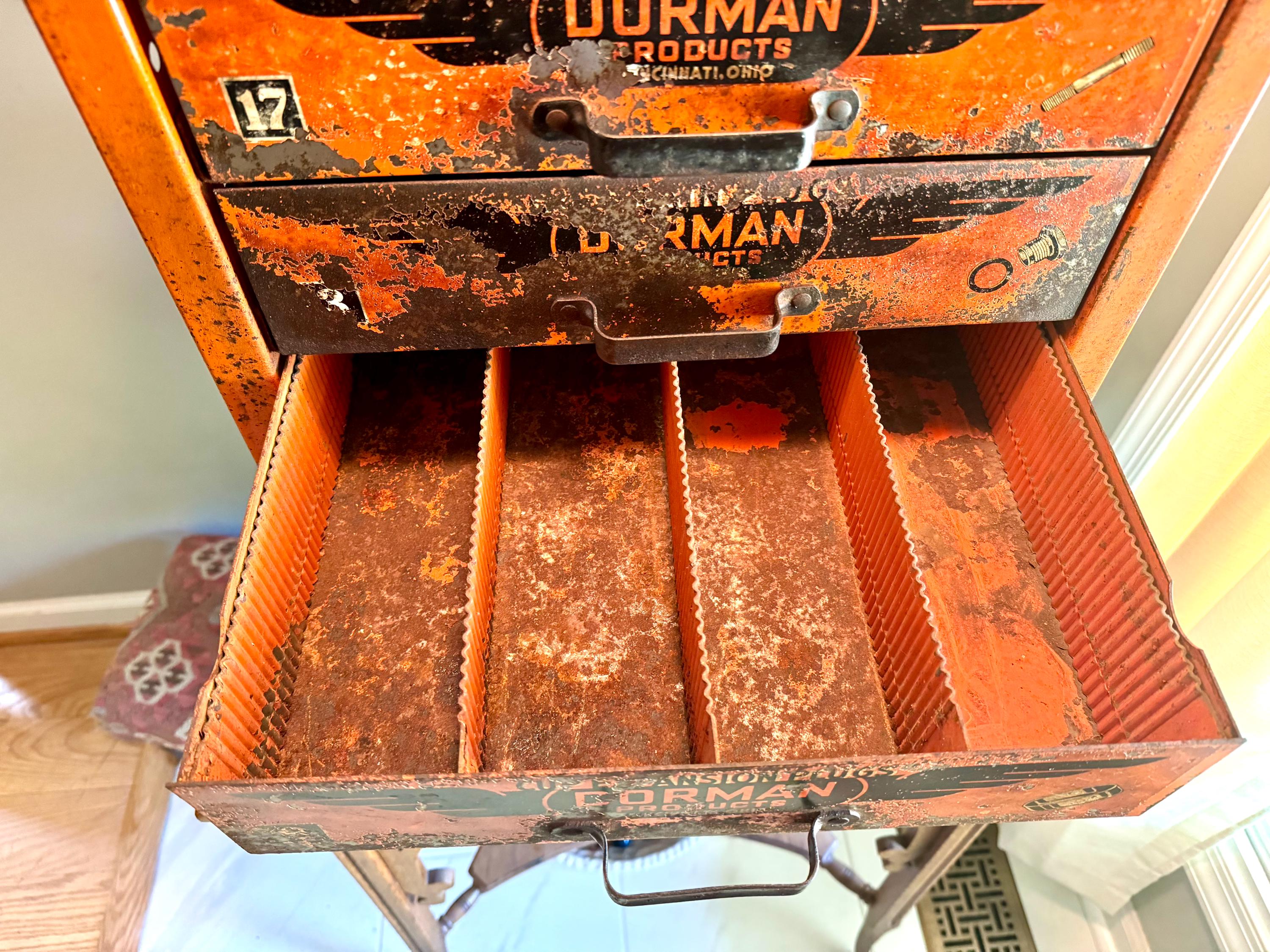Distressed Dorman Products Parts Bin | Heavy Duty 4 Drawer Parts Bin | Industrial Advertisement Parts Cabinet | Automotive Parts Cabinet