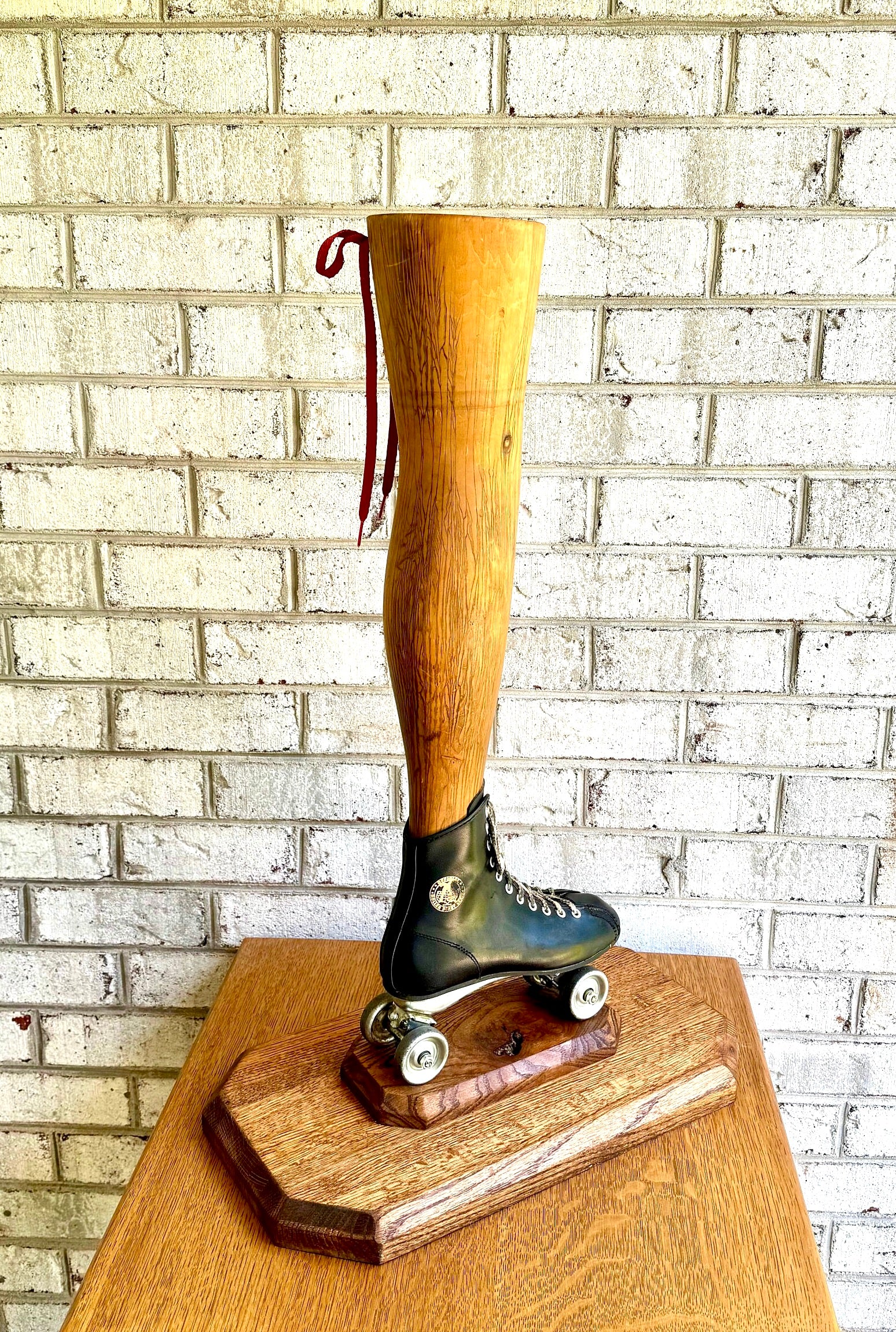 Vtg Wooden Leg and Roller Skate Sculpture | Roller Derby Leg Statue | Ladies Leg and Roller Skate Dry Vase | Roller Derby Art Sculpture