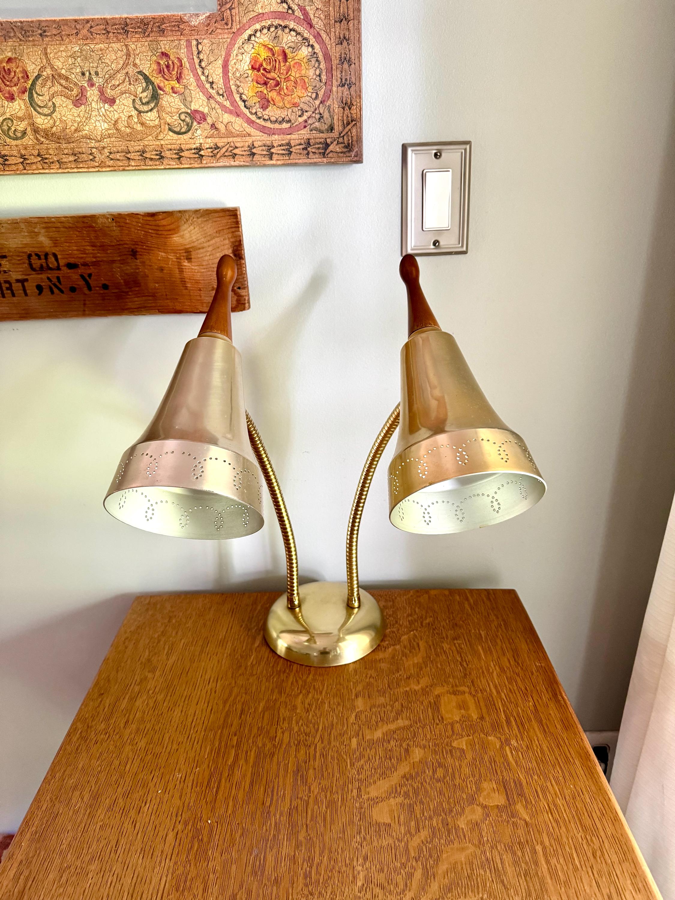 Vtg MCM Double Gooseneck Desk Lamp | Teak Knob Mid Century Modern Gooseneck Desk Lamp | Atomic Pierced Double Fixture Adjustable Lamp