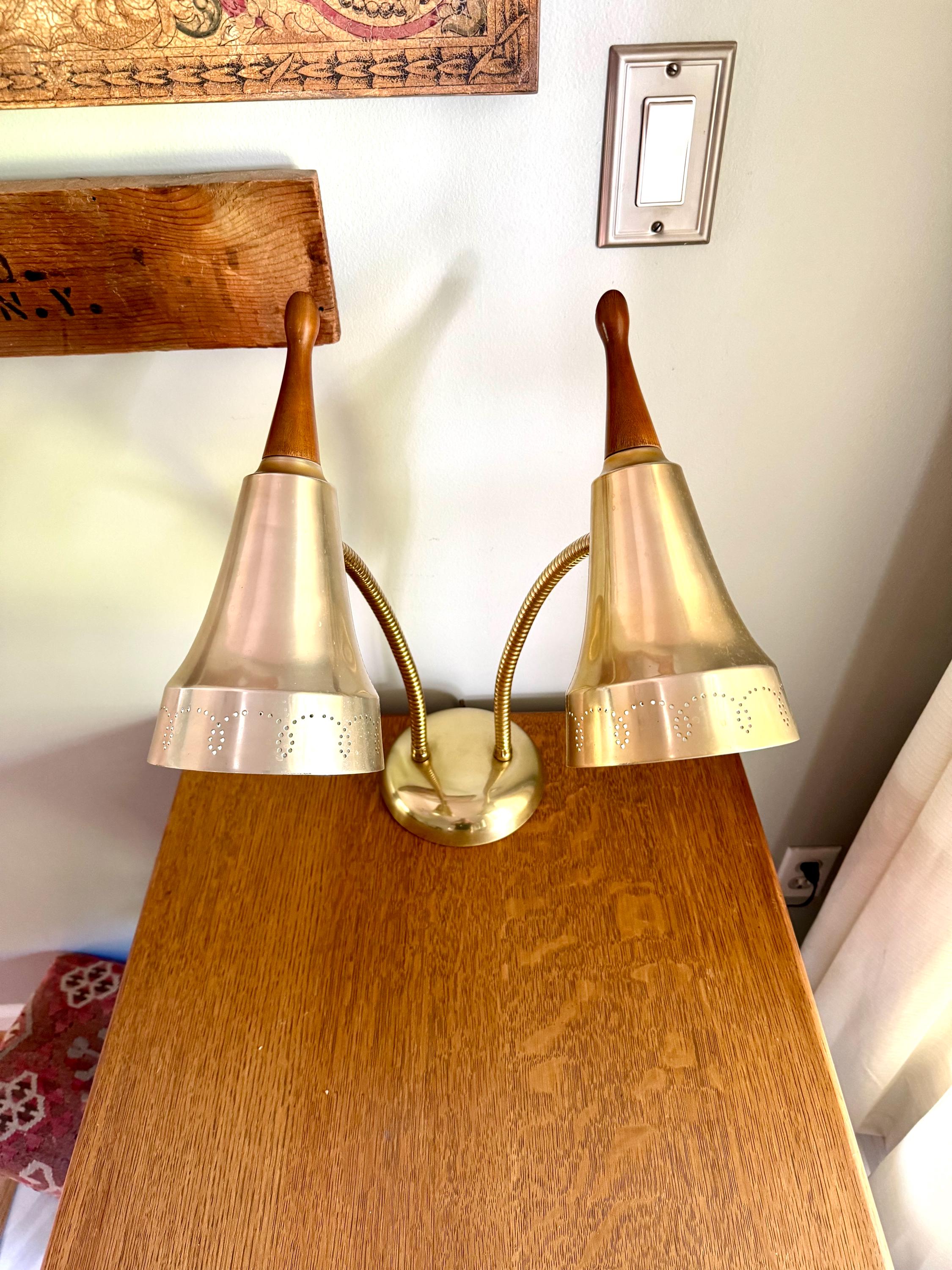 Vtg MCM Double Gooseneck Desk Lamp | Teak Knob Mid Century Modern Gooseneck Desk Lamp | Atomic Pierced Double Fixture Adjustable Lamp