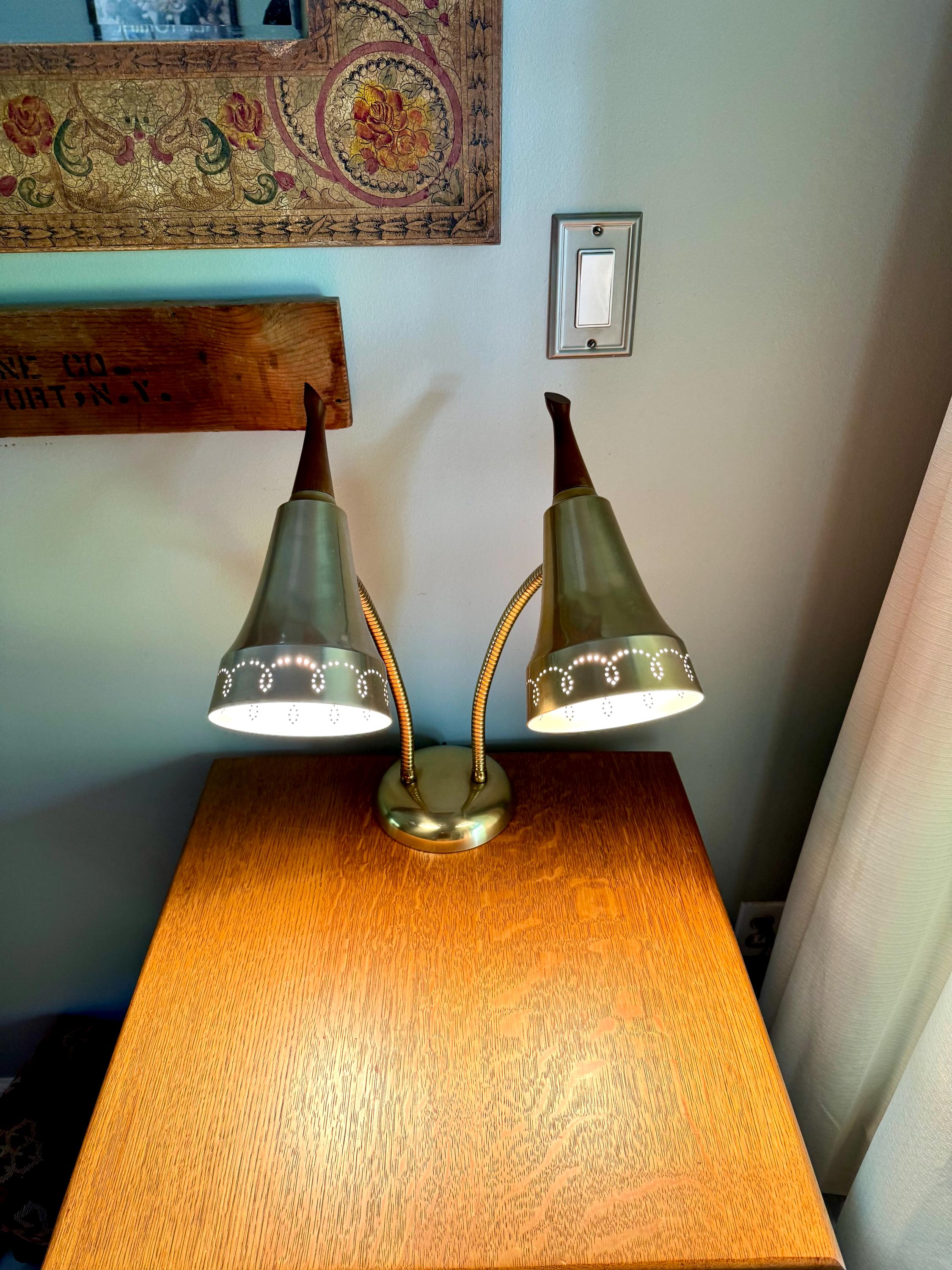 Vtg MCM Double Gooseneck Desk Lamp | Teak Knob Mid Century Modern Gooseneck Desk Lamp | Atomic Pierced Double Fixture Adjustable Lamp