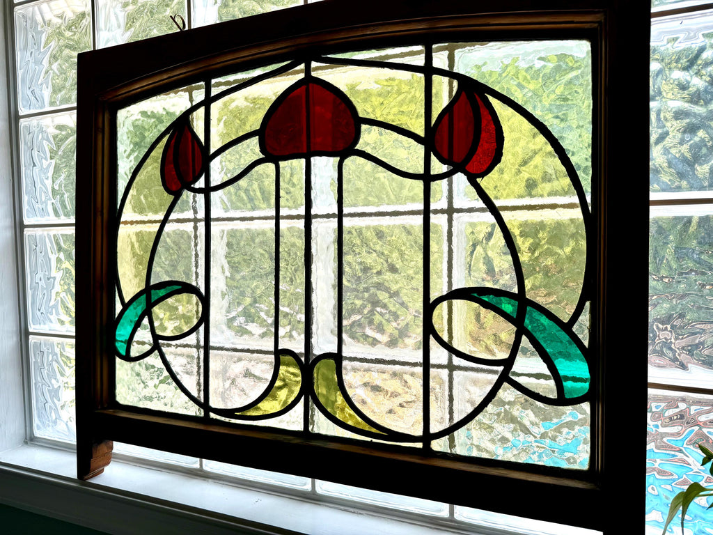 Antique Leaded Stained Glass Window | English Stained Glass Framed Panel | Floral Design Leaded Stained Glass Panel | Late 1800's early 1900's