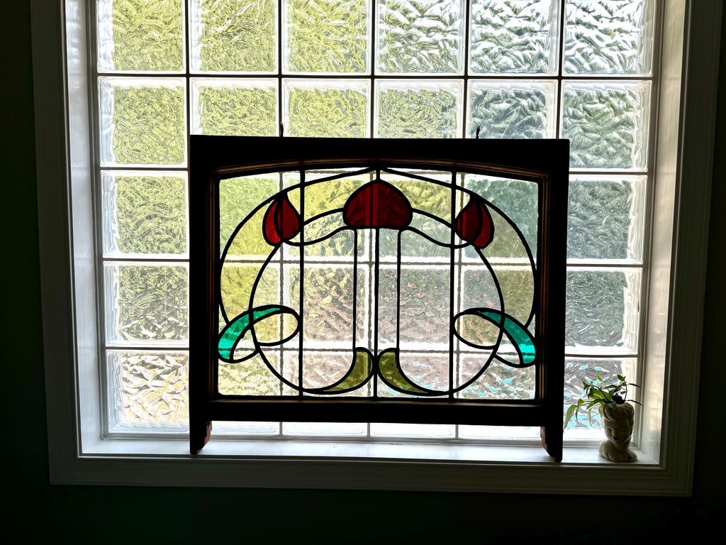 Antique Leaded Stained Glass Window | English Stained Glass Framed Panel | Floral Design Leaded Stained Glass Panel | Late 1800's early 1900's