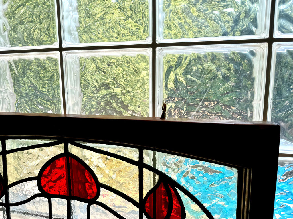 Antique Leaded Stained Glass Window | English Stained Glass Framed Panel | Floral Design Leaded Stained Glass Panel | Late 1800's early 1900's