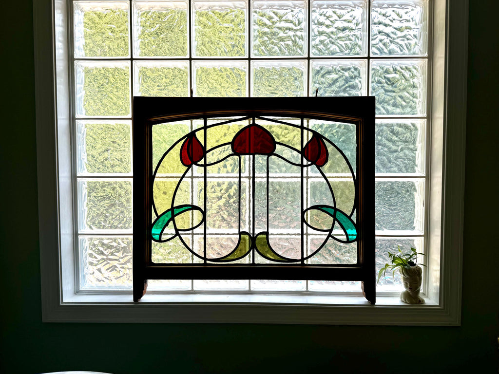 Antique Leaded Stained Glass Window | English Stained Glass Framed Panel | Floral Design Leaded Stained Glass Panel | Late 1800's early 1900's