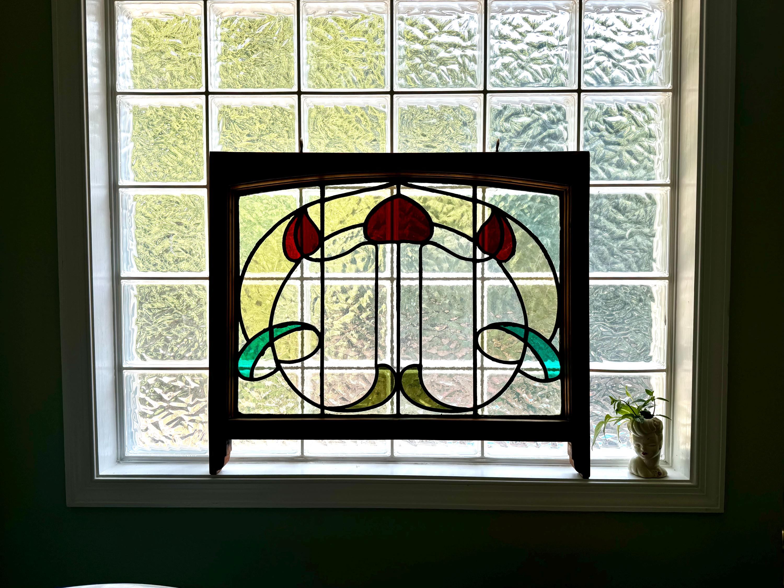 Antique Leaded Stained Glass Window | English Stained Glass Framed Panel | Floral Design Leaded Stained Glass Panel | Late 1800's early 1900's