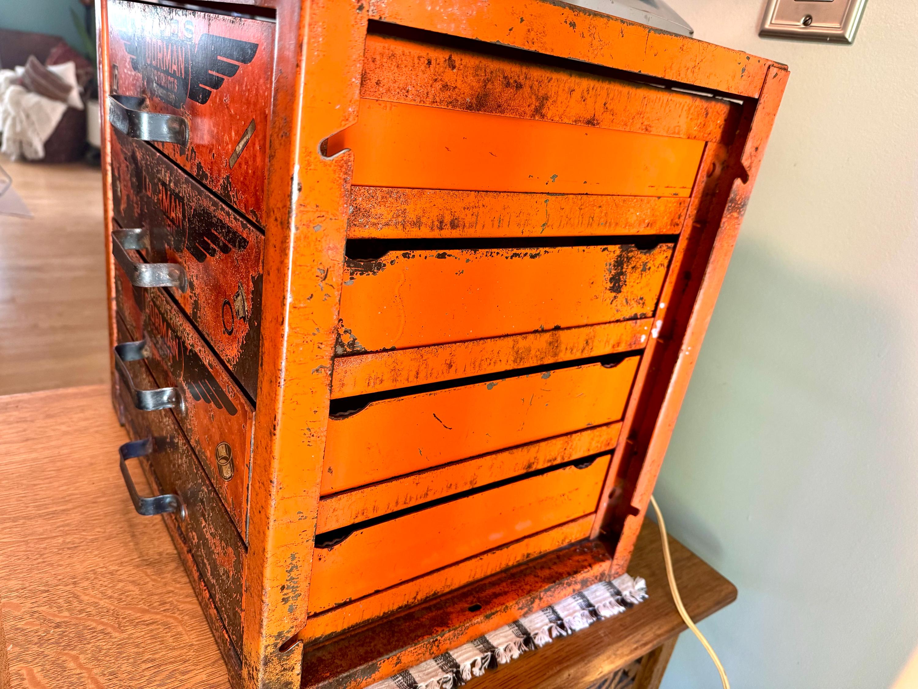 Distressed Dorman Products Parts Bin | Heavy Duty 4 Drawer Parts Bin | Industrial Advertisement Parts Cabinet | Automotive Parts Cabinet