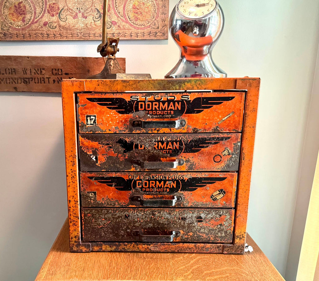 Distressed Dorman Products Parts Bin | Heavy Duty 4 Drawer Parts Bin | Industrial Advertisement Parts Cabinet | Automotive Parts Cabinet