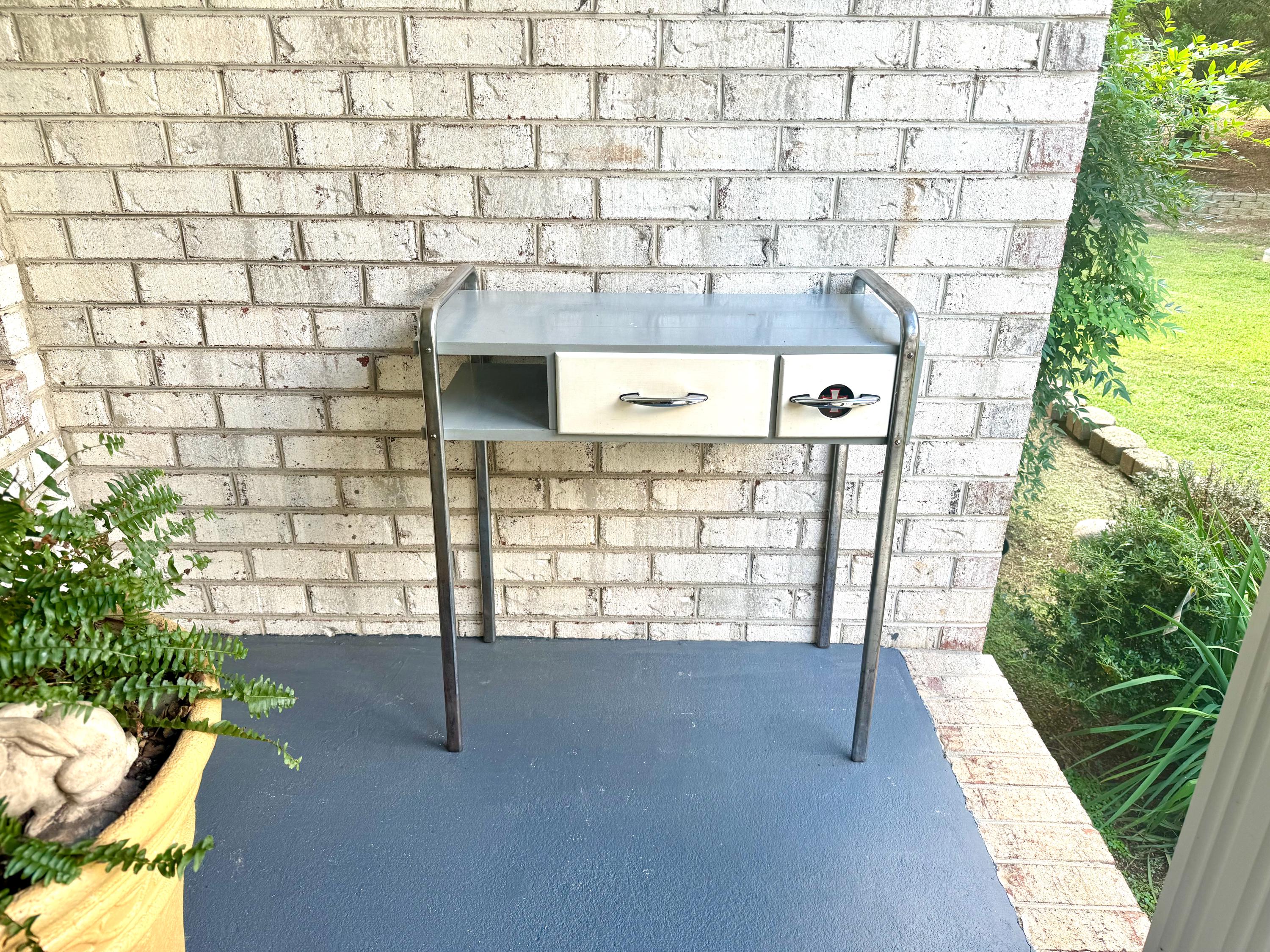 Vtg Wood Manicure Table | Royal Metal MFG Furniture | Art Deco Sterilizer Table | Gray, White & Chrome Desk