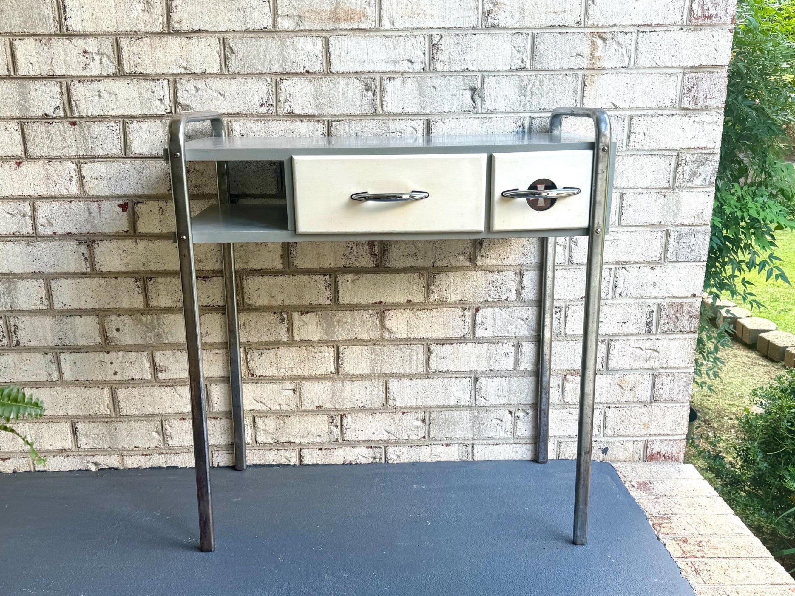 Vtg Wood Manicure Table | Royal Metal MFG Furniture | Art Deco Sterilizer Table | Gray, White & Chrome Desk