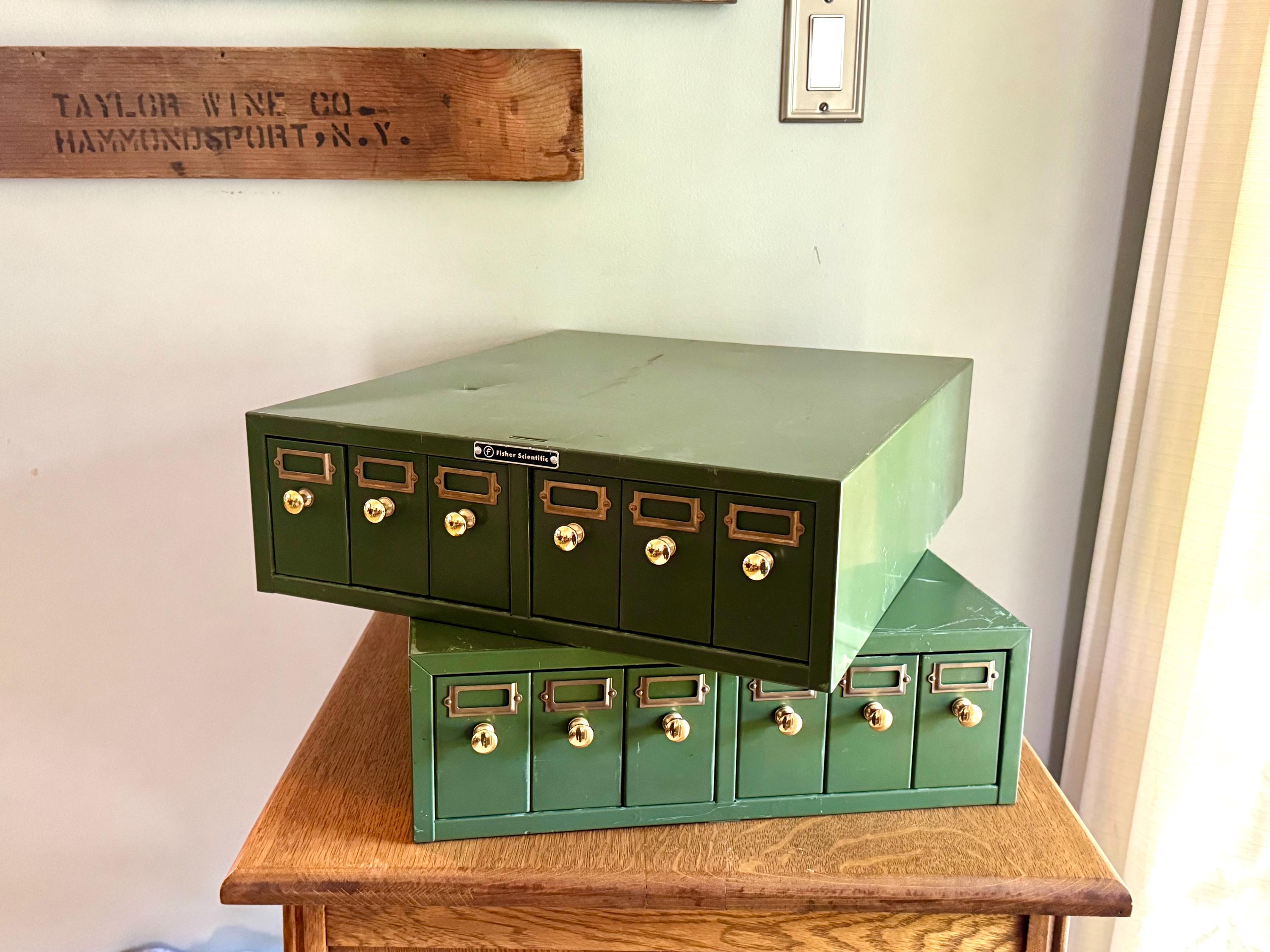 Vintage Green Fisher Scientific Slide Storage Cabinet | Green Small Drawer Slide Storage Cabinets | Rustic Storage | Small Item Organizing Cabinets