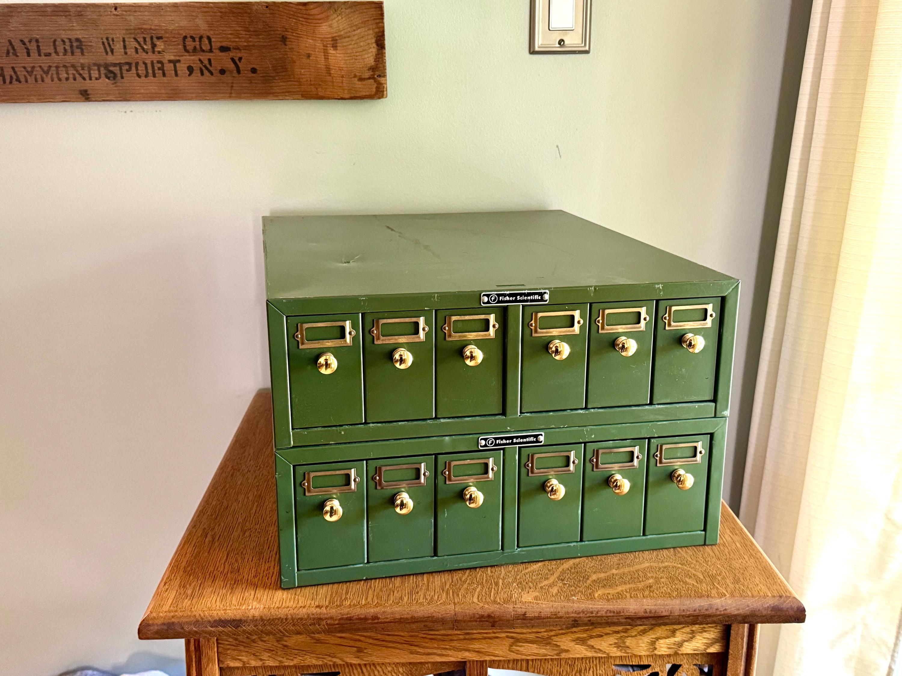 Vintage Green Fisher Scientific Slide Storage Cabinet | Green Small Drawer Slide Storage Cabinets | Rustic Storage | Small Item Organizing Cabinets