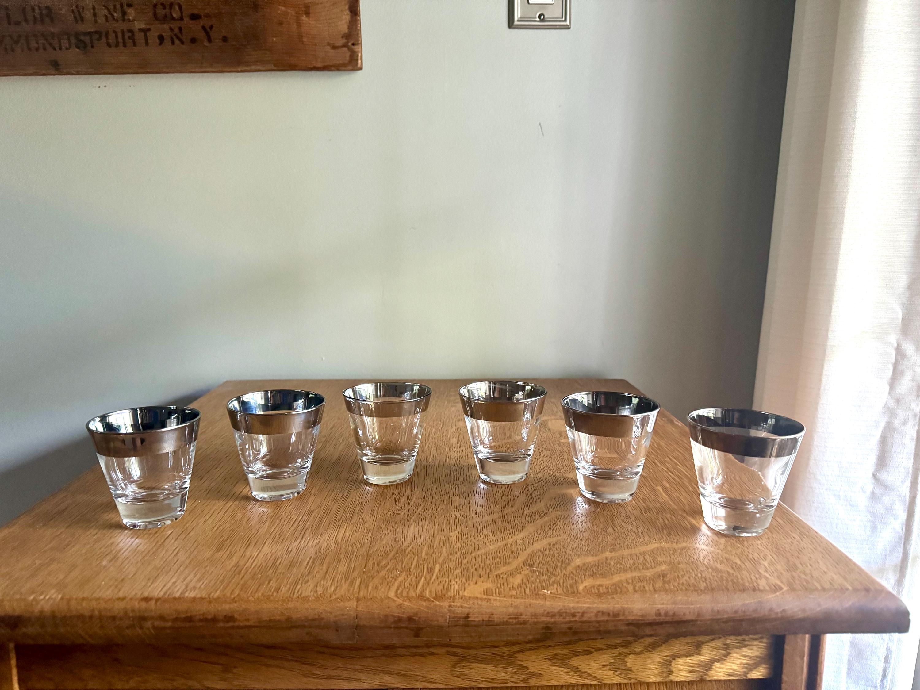 Set of 6 Mid Century Modern Dorothy Thorpe Shot Glasses | Silver Rimmed Glasses | 6 Double Shot Glasses | MCM Barware