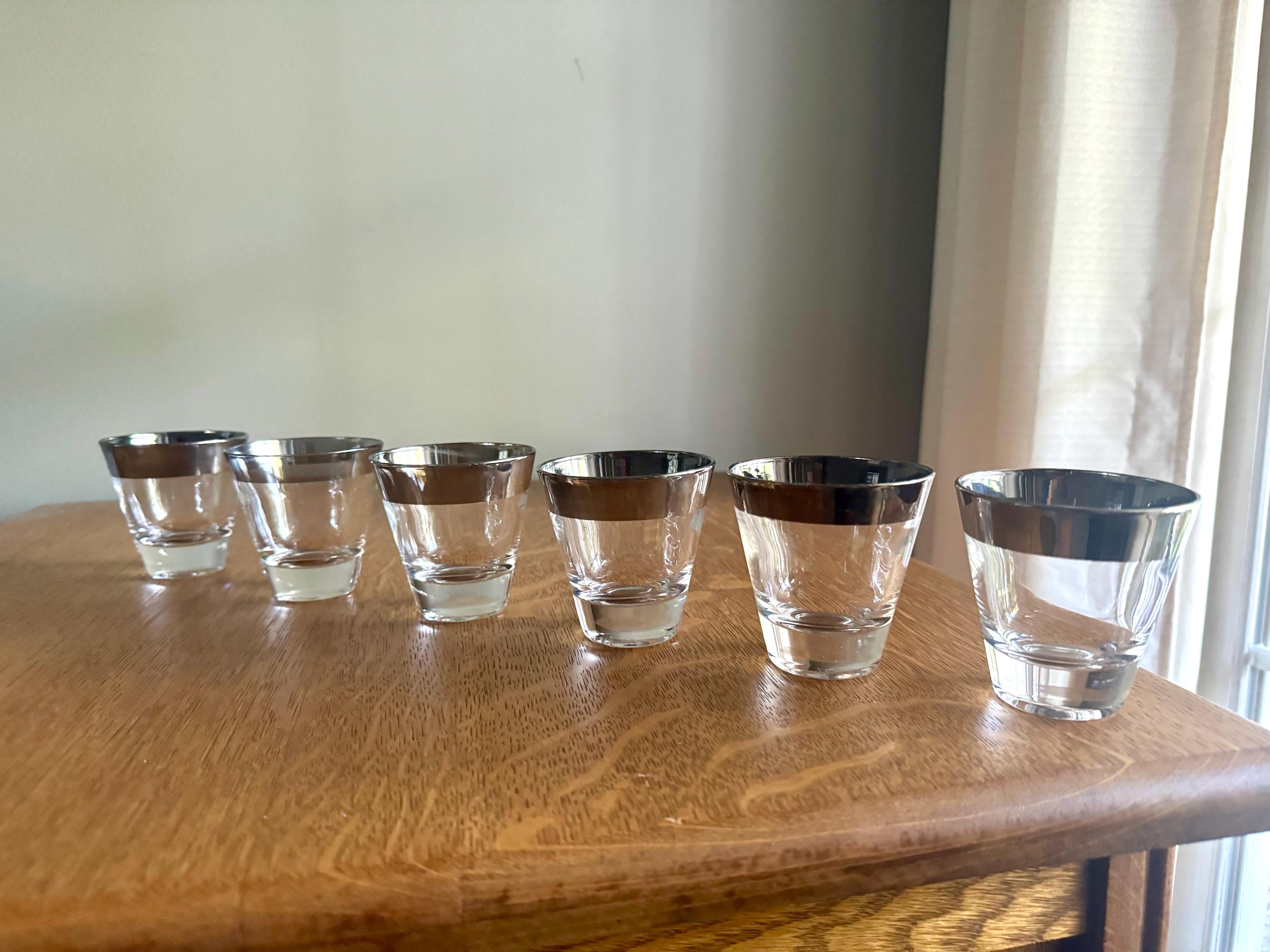 Set of 6 Mid Century Modern Dorothy Thorpe Shot Glasses | Silver Rimmed Glasses | 6 Double Shot Glasses | MCM Barware