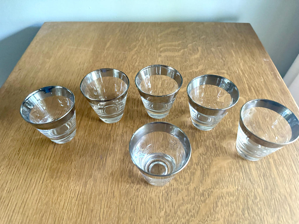 Set of 6 Mid Century Modern Dorothy Thorpe Shot Glasses | Silver Rimmed Glasses | 6 Double Shot Glasses | MCM Barware