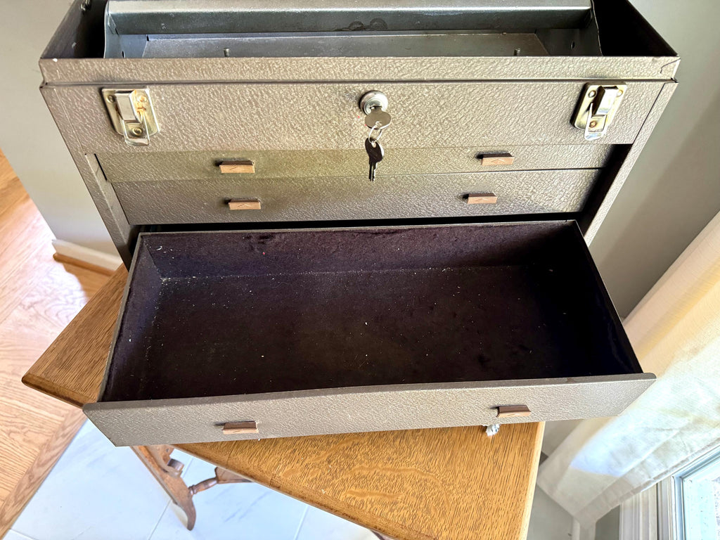 Vtg Kennedy Kits Metal Tool Machinist Tool Chest | 3 Drawer Metal Tool Chest with Keys | Locking Metal Journeyman Chest With Keys