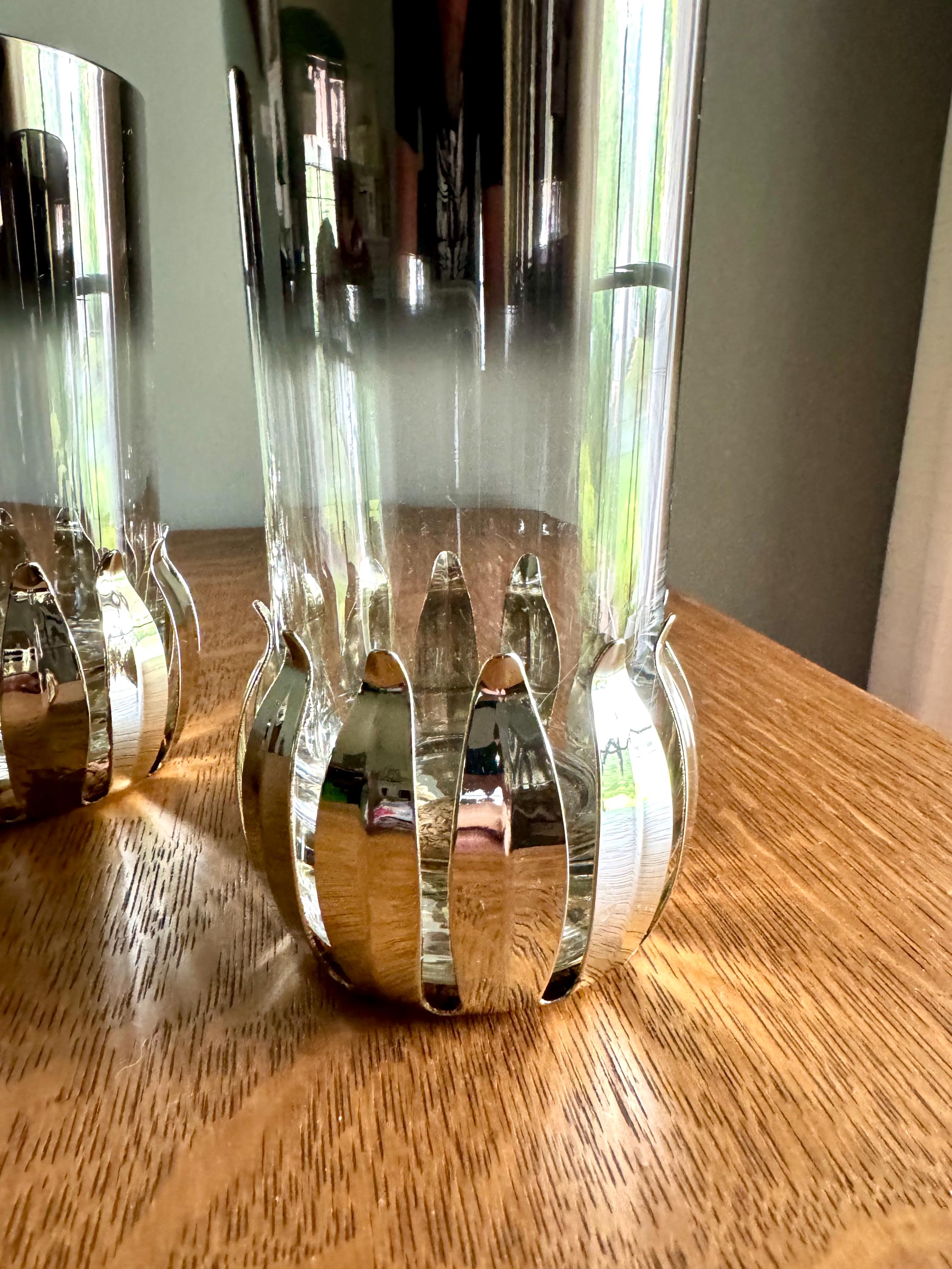 A Set of 3 Lotus Silver Coaster and Silver Rimmed Glasses | 3 Silver Lotus Style Cork Base Coasters and 3 Silver Rimmed Drinking Glasses