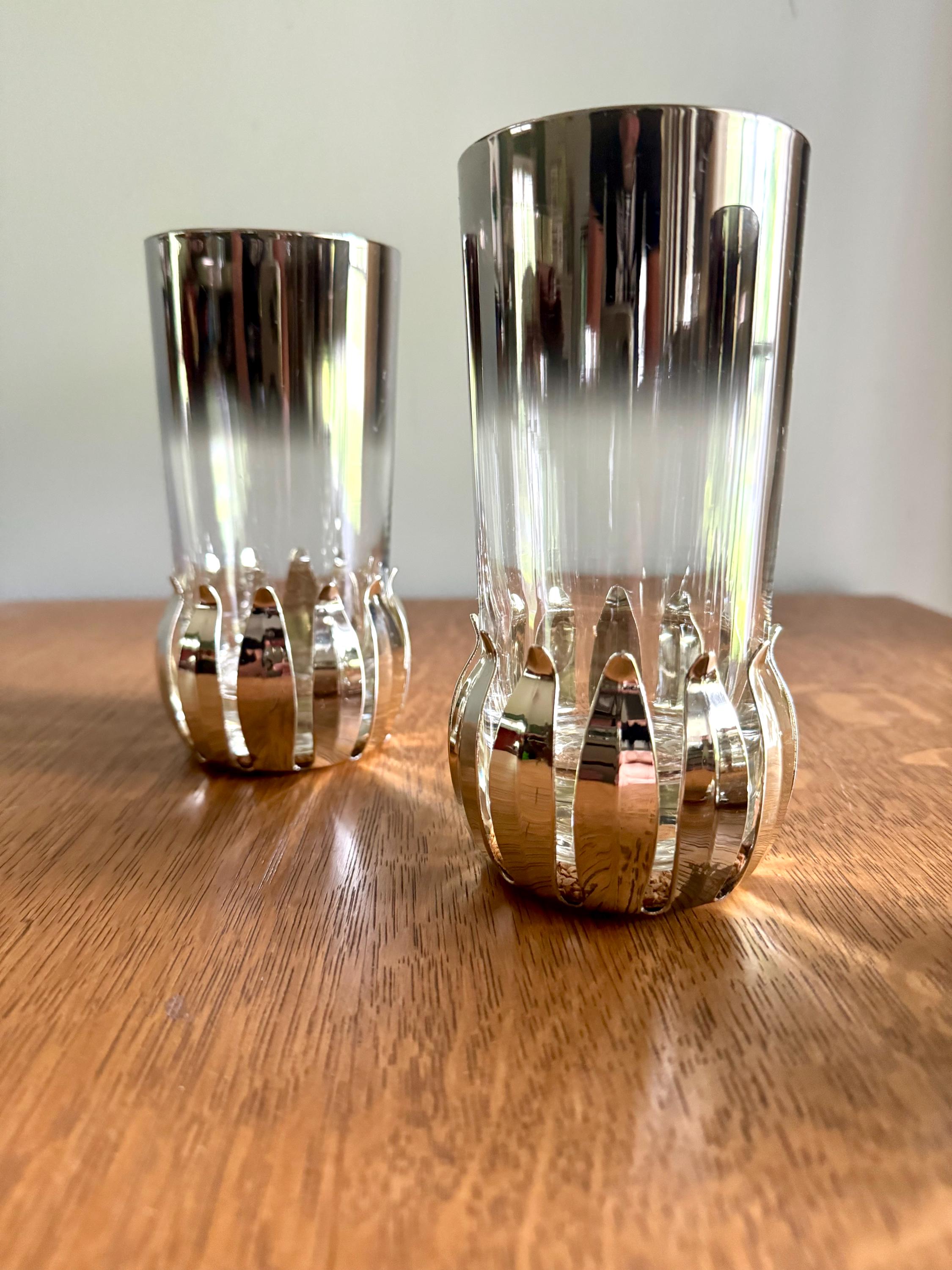 A Set of 3 Lotus Silver Coaster and Silver Rimmed Glasses | 3 Silver Lotus Style Cork Base Coasters and 3 Silver Rimmed Drinking Glasses