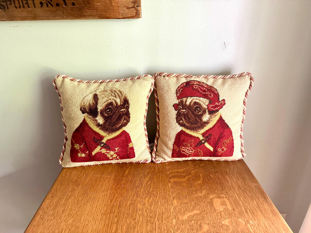A Pair Loie 10" Square Pug Needle Point Pillows | Ancient Chinese Pug Costume Needlepoint Pillows | Whimsical Pug Pillows