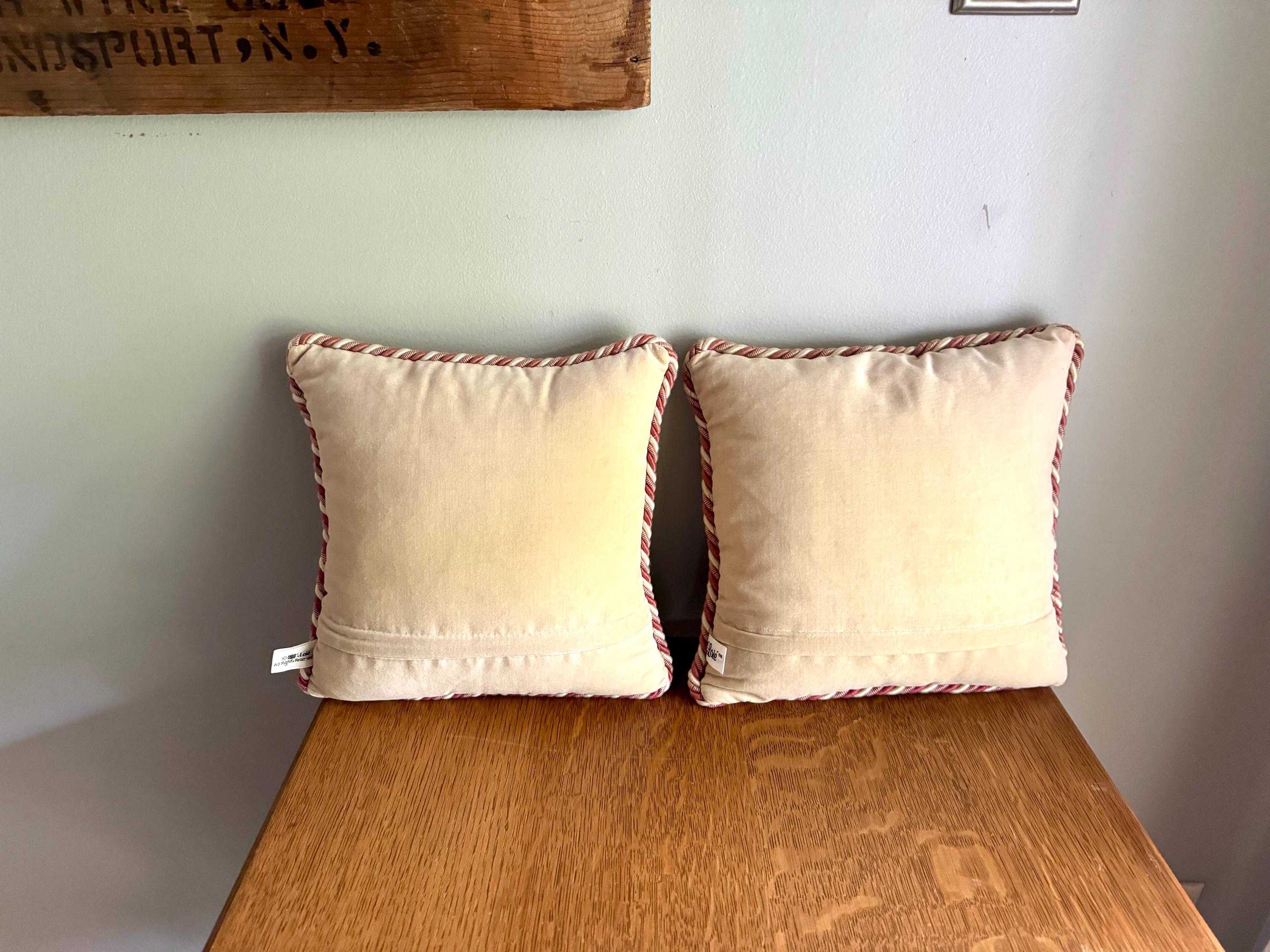 A Pair Loie 10" Square Pug Needle Point Pillows | Ancient Chinese Pug Costume Needlepoint Pillows | Whimsical Pug Pillows