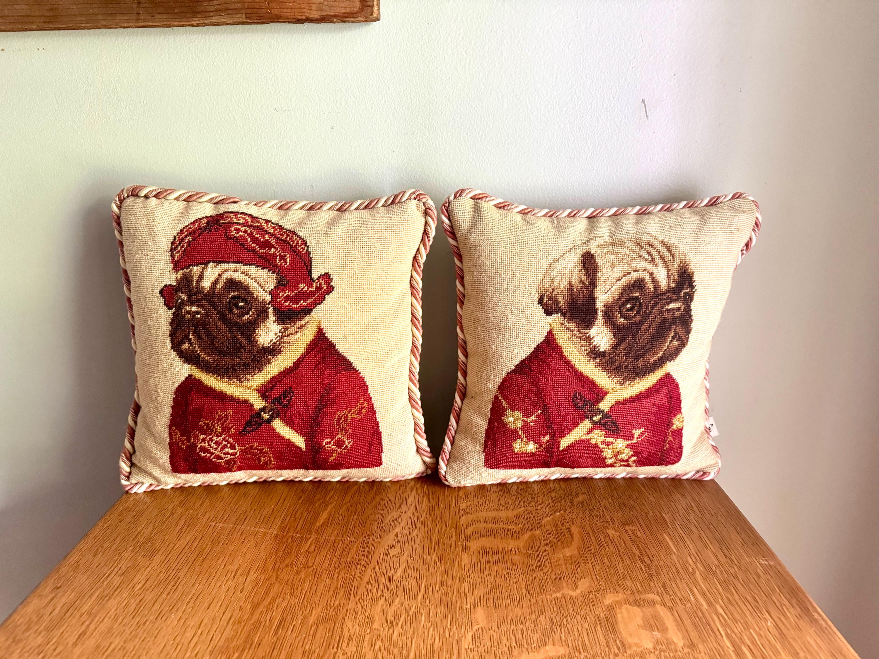 A Pair Loie 10" Square Pug Needle Point Pillows | Ancient Chinese Pug Costume Needlepoint Pillows | Whimsical Pug Pillows
