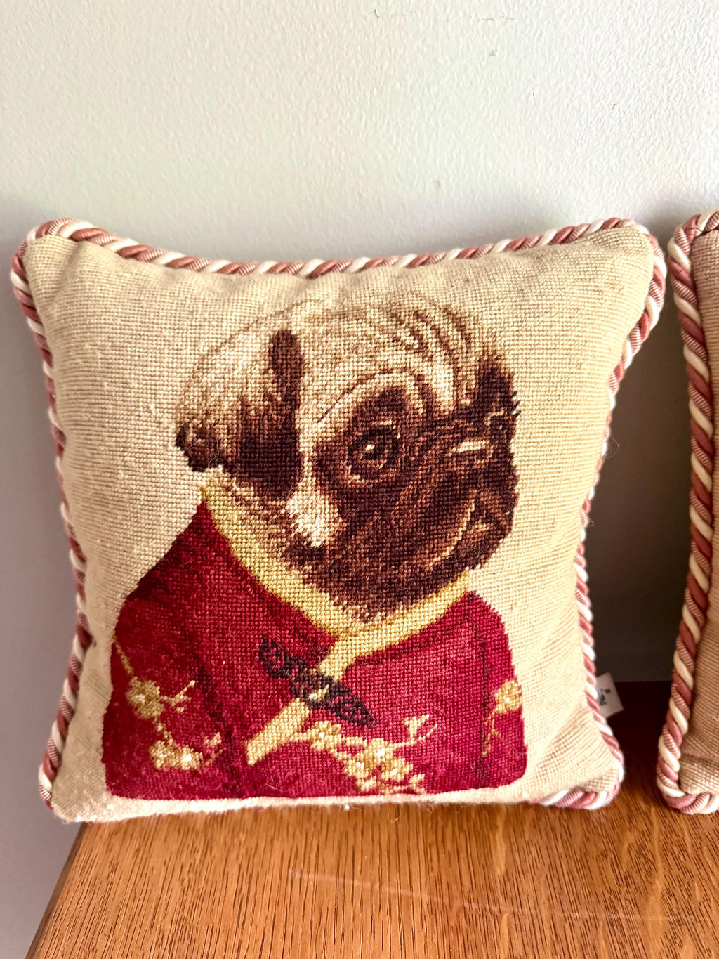 A Pair Loie 10" Square Pug Needle Point Pillows | Ancient Chinese Pug Costume Needlepoint Pillows | Whimsical Pug Pillows