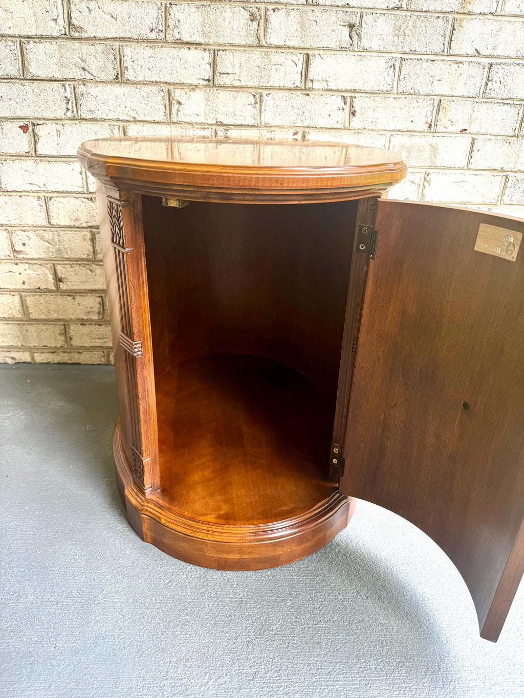 Vintage Drexel Heritage Oval End Table Cabinet | Drexel Heritage Laureate End Table | Art Deco Liquor Cabinet| Italian Provincial Drum Table