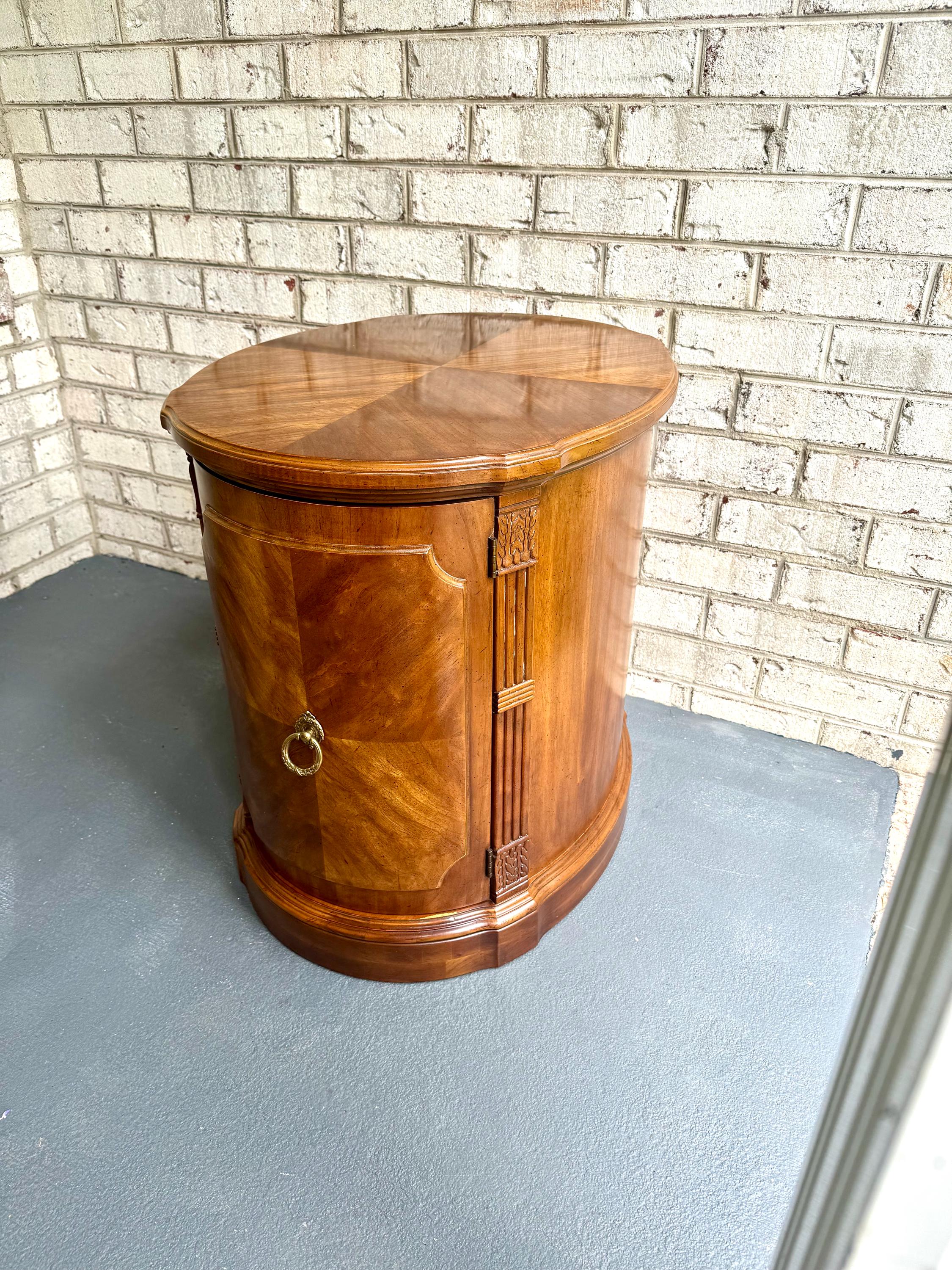 Vintage Drexel Heritage Oval End Table Cabinet | Drexel Heritage Laureate End Table | Art Deco Liquor Cabinet| Italian Provincial Drum Table