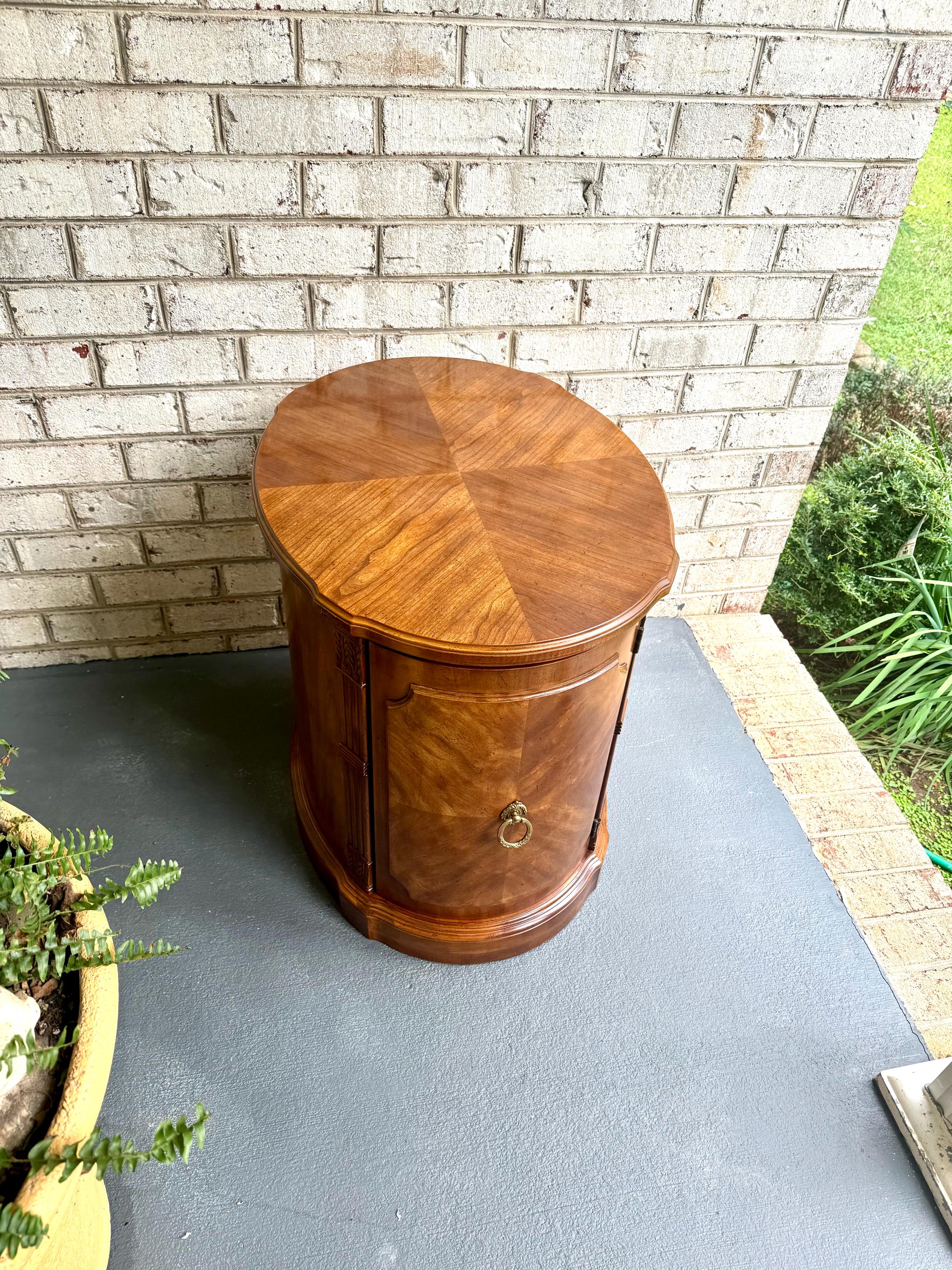 Vintage Drexel Heritage Oval End Table Cabinet | Drexel Heritage Laureate End Table | Art Deco Liquor Cabinet| Italian Provincial Drum Table