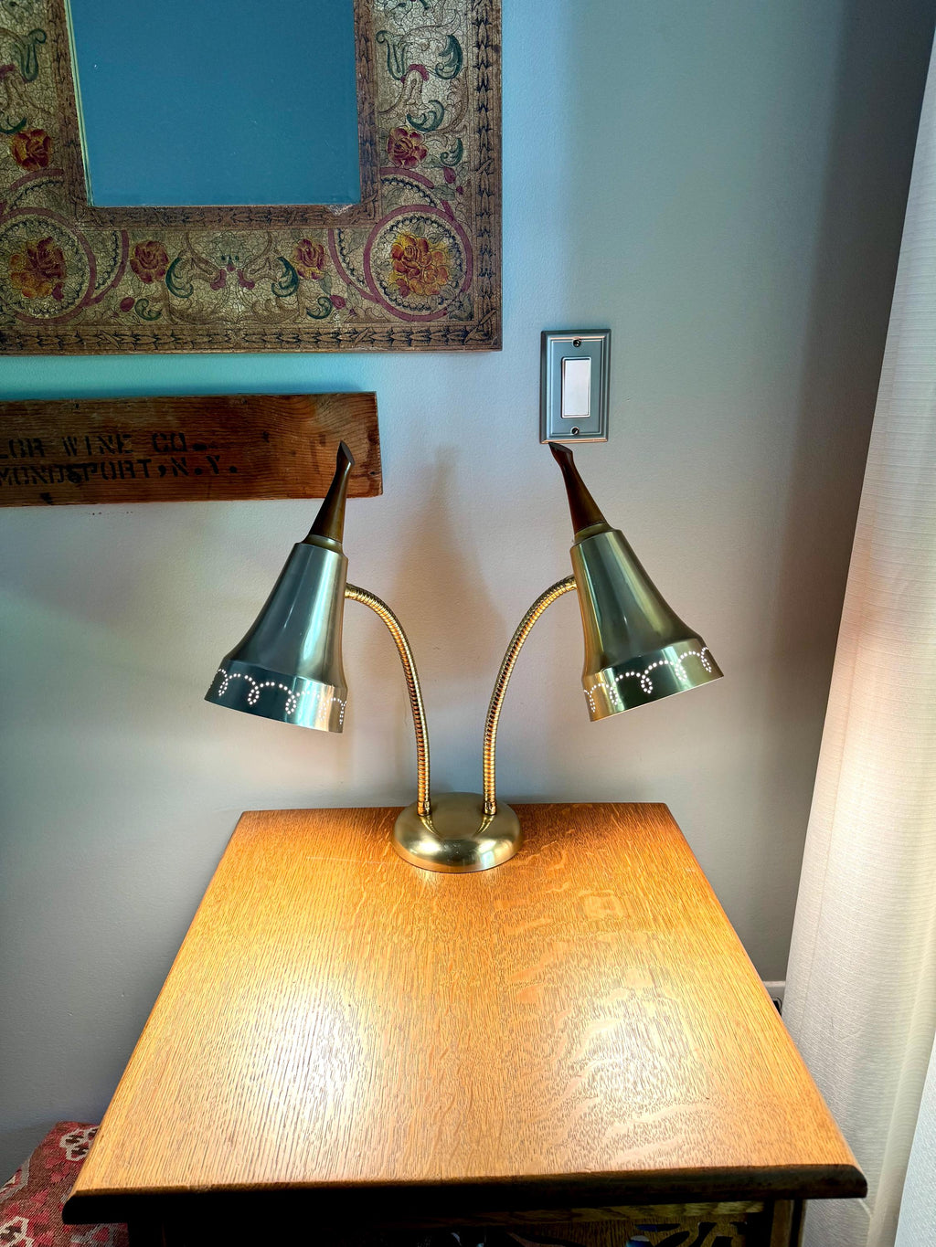 Vtg MCM Double Gooseneck Desk Lamp | Teak Knob Mid Century Modern Gooseneck Desk Lamp | Atomic Pierced Double Fixture Adjustable Lamp