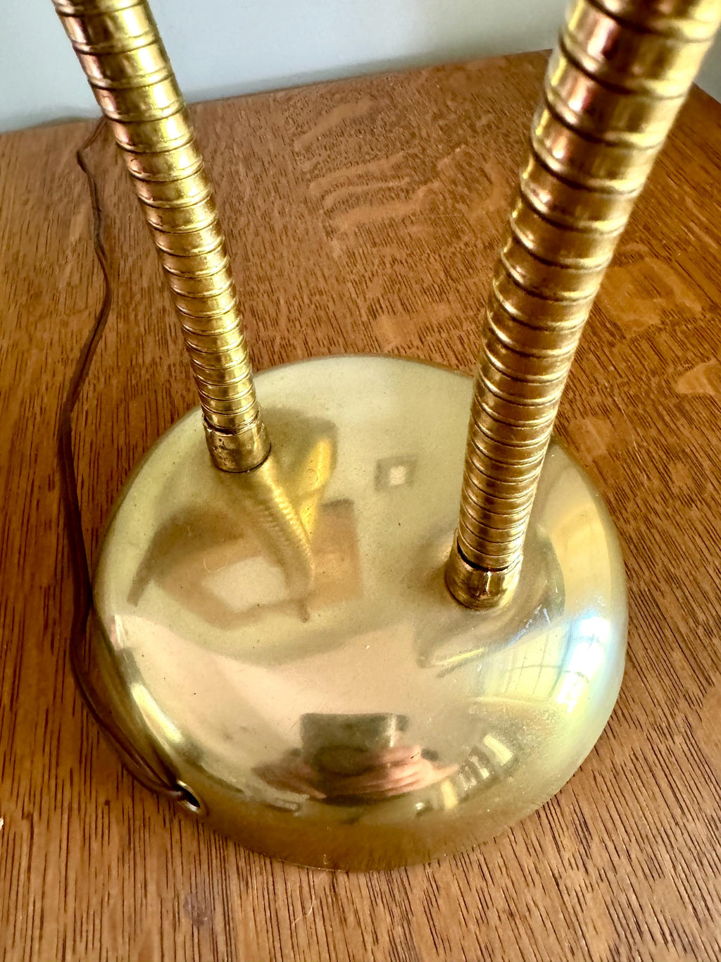 Vtg MCM Double Gooseneck Desk Lamp | Teak Knob Mid Century Modern Gooseneck Desk Lamp | Atomic Pierced Double Fixture Adjustable Lamp