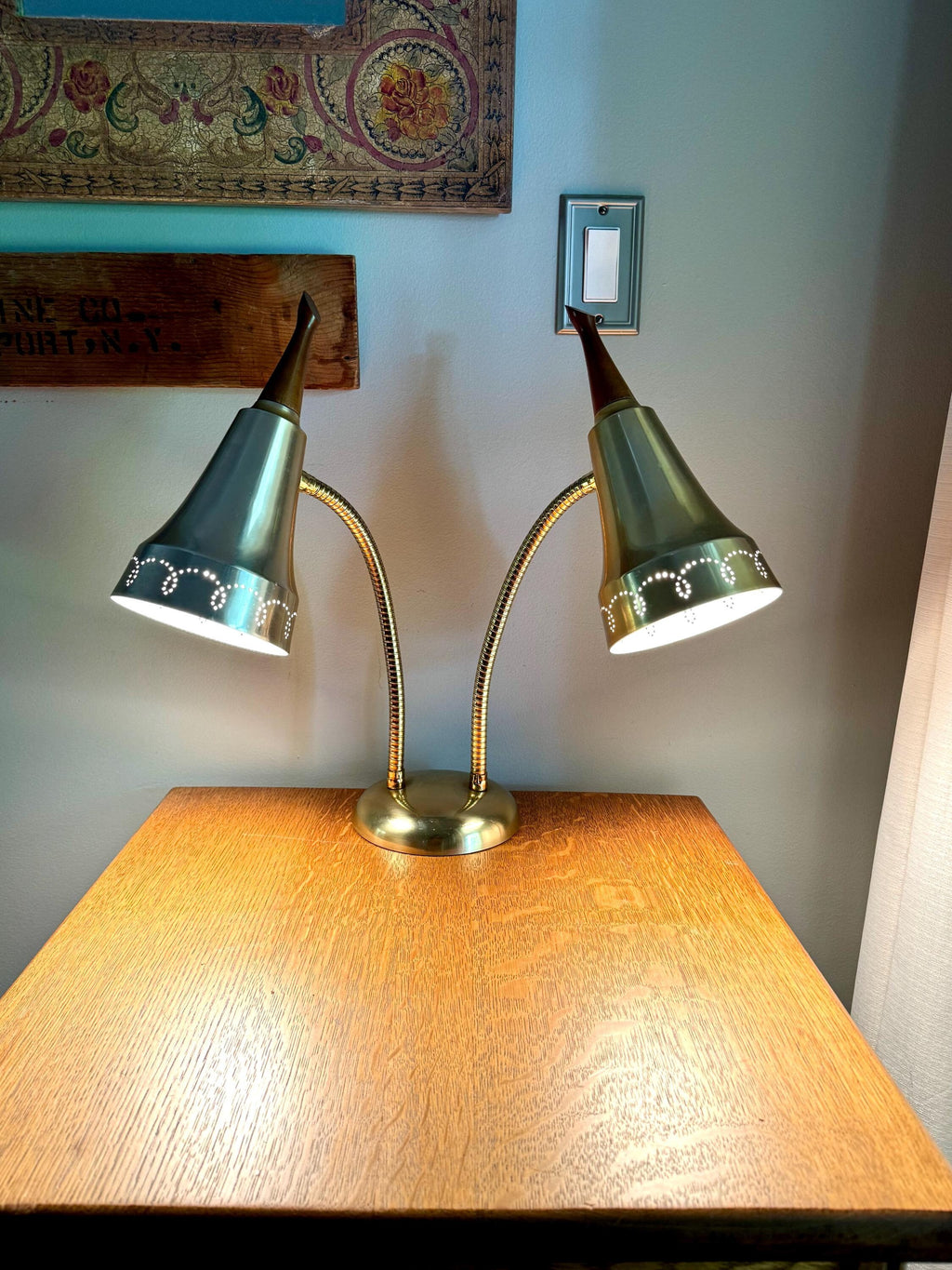 Vtg MCM Double Gooseneck Desk Lamp | Teak Knob Mid Century Modern Gooseneck Desk Lamp | Atomic Pierced Double Fixture Adjustable Lamp