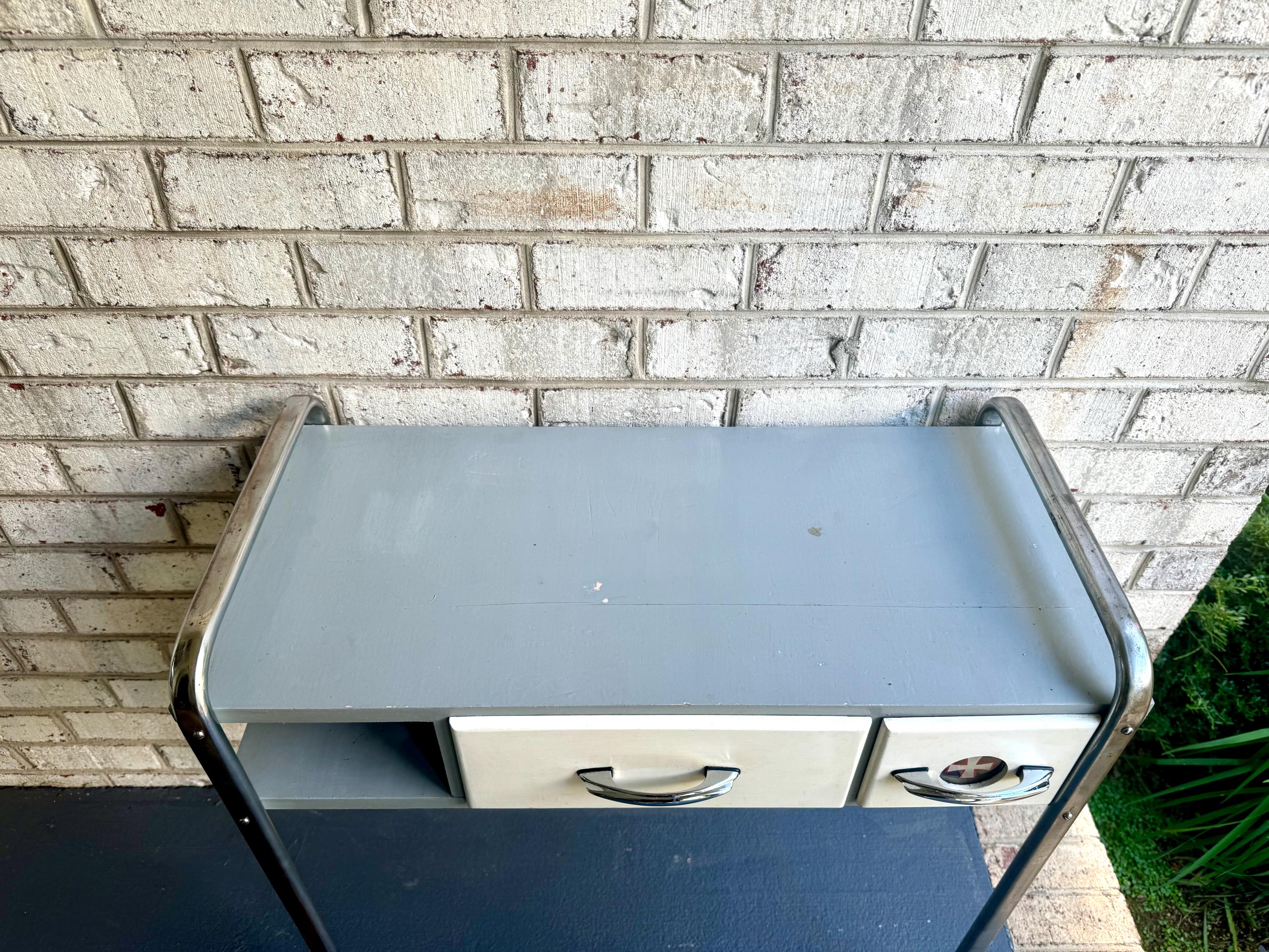 Vtg Wood Manicure Table | Royal Metal MFG Furniture | Art Deco Sterilizer Table | Gray, White & Chrome Desk