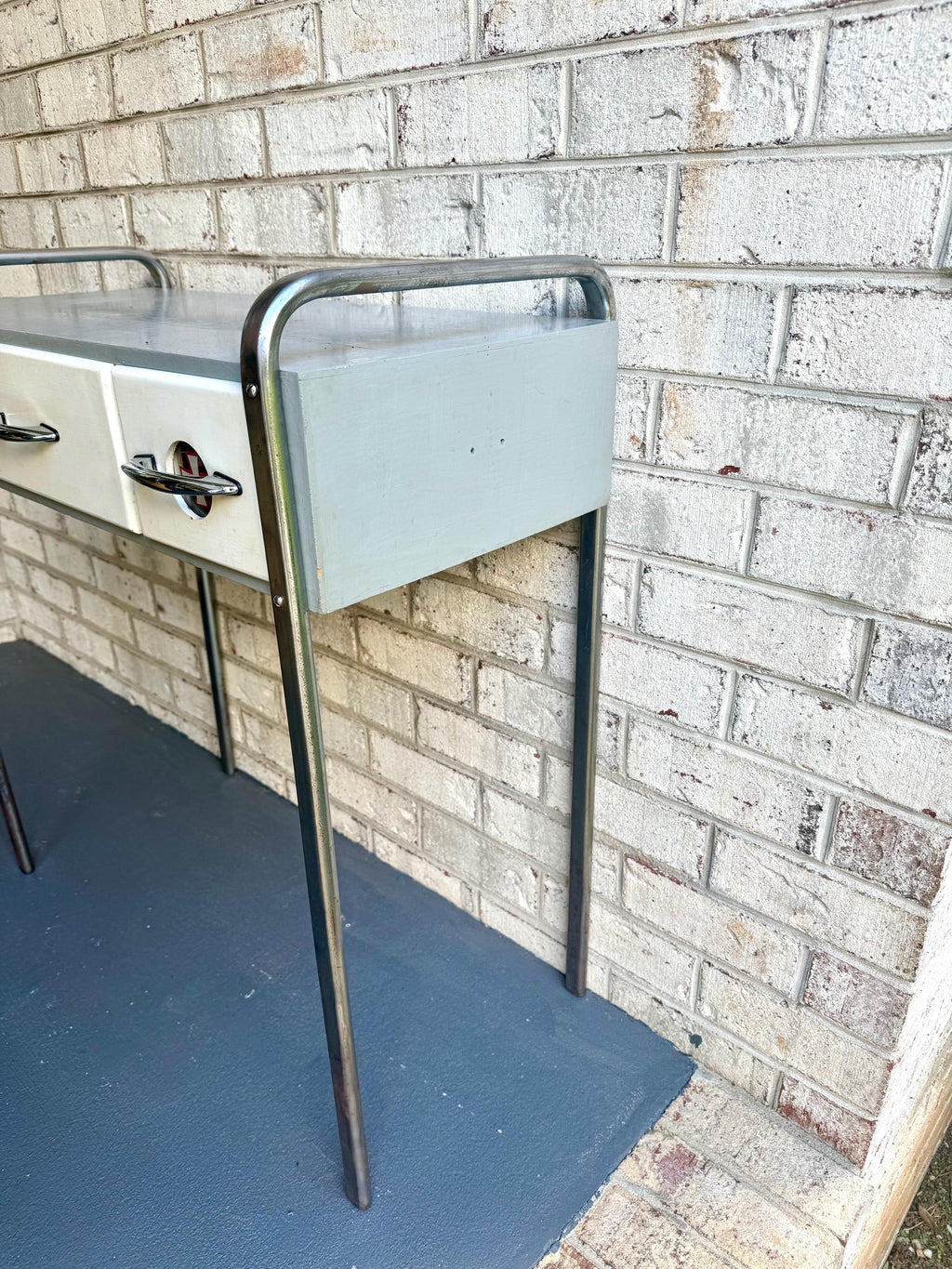 Vtg Wood Manicure Table | Royal Metal MFG Furniture | Art Deco Sterilizer Table | Gray, White & Chrome Desk