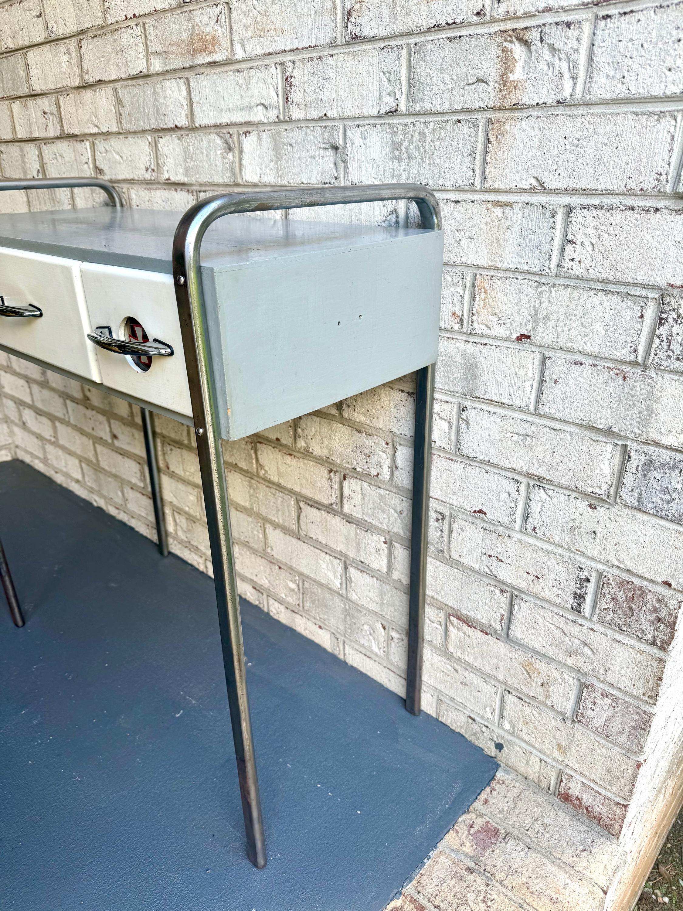 Vtg Wood Manicure Table | Royal Metal MFG Furniture | Art Deco Sterilizer Table | Gray, White & Chrome Desk