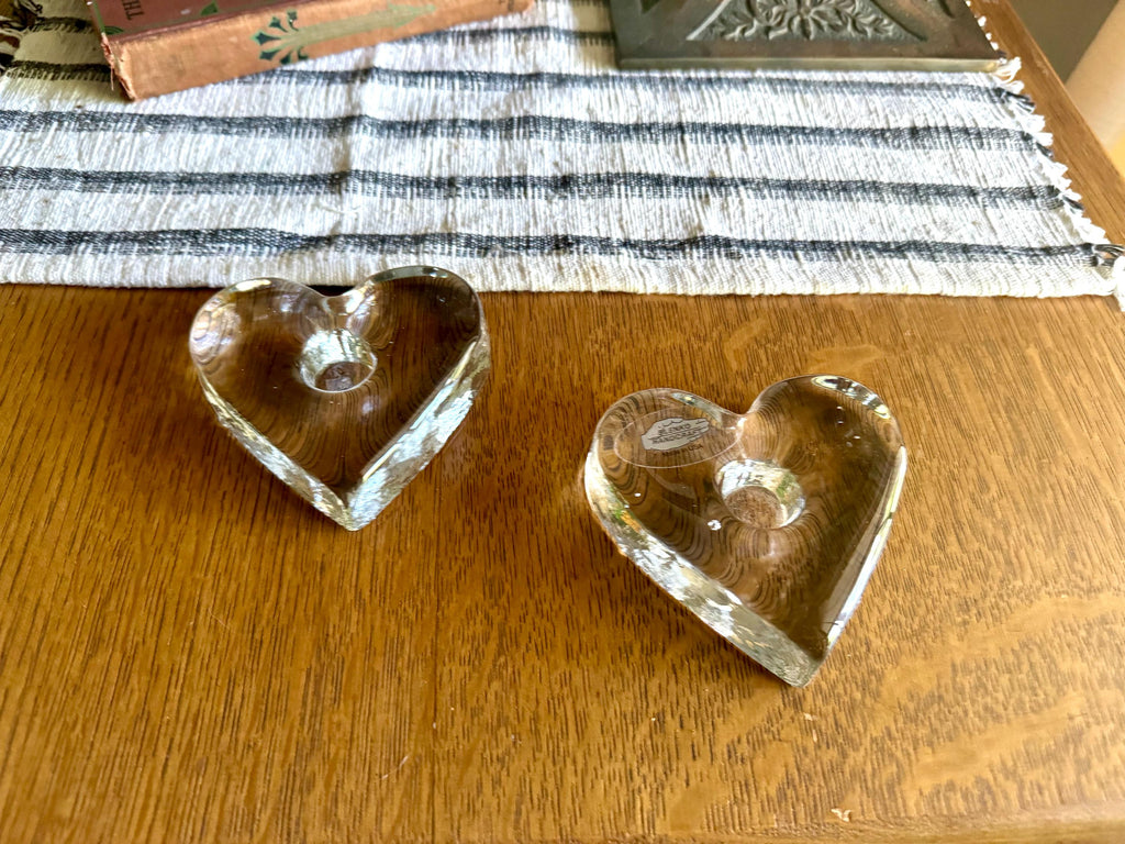 Blenko Ice Heart Glass Candle Holders | Clear Solid Glass Heart Candleholders | Clear Modernist Heart Sculptural Candlestick Holders