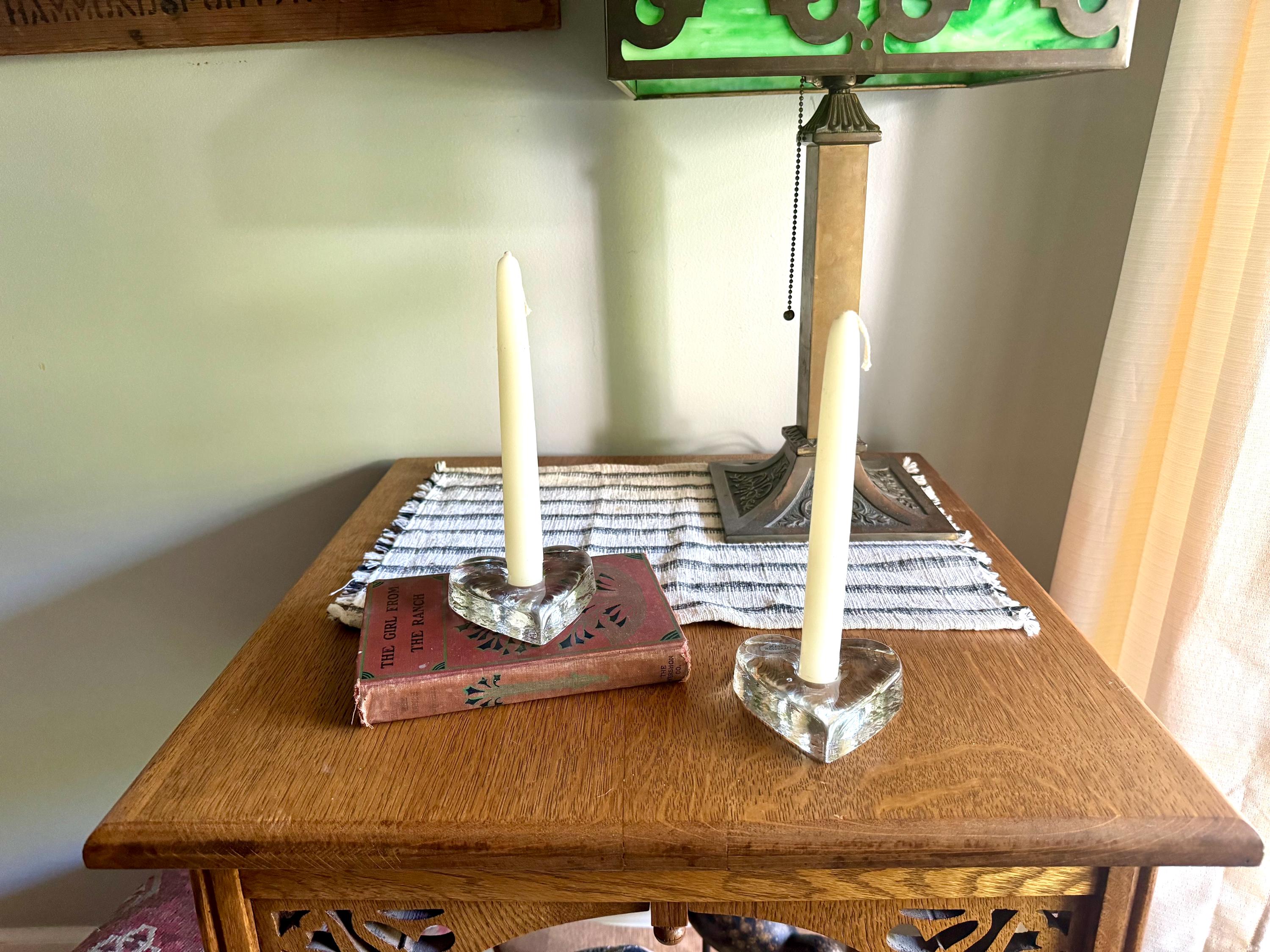 Blenko Ice Heart Glass Candle Holders | Clear Solid Glass Heart Candleholders | Clear Modernist Heart Sculptural Candlestick Holders