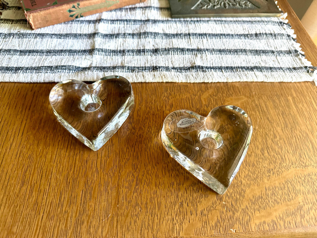 Blenko Ice Heart Glass Candle Holders | Clear Solid Glass Heart Candleholders | Clear Modernist Heart Sculptural Candlestick Holders