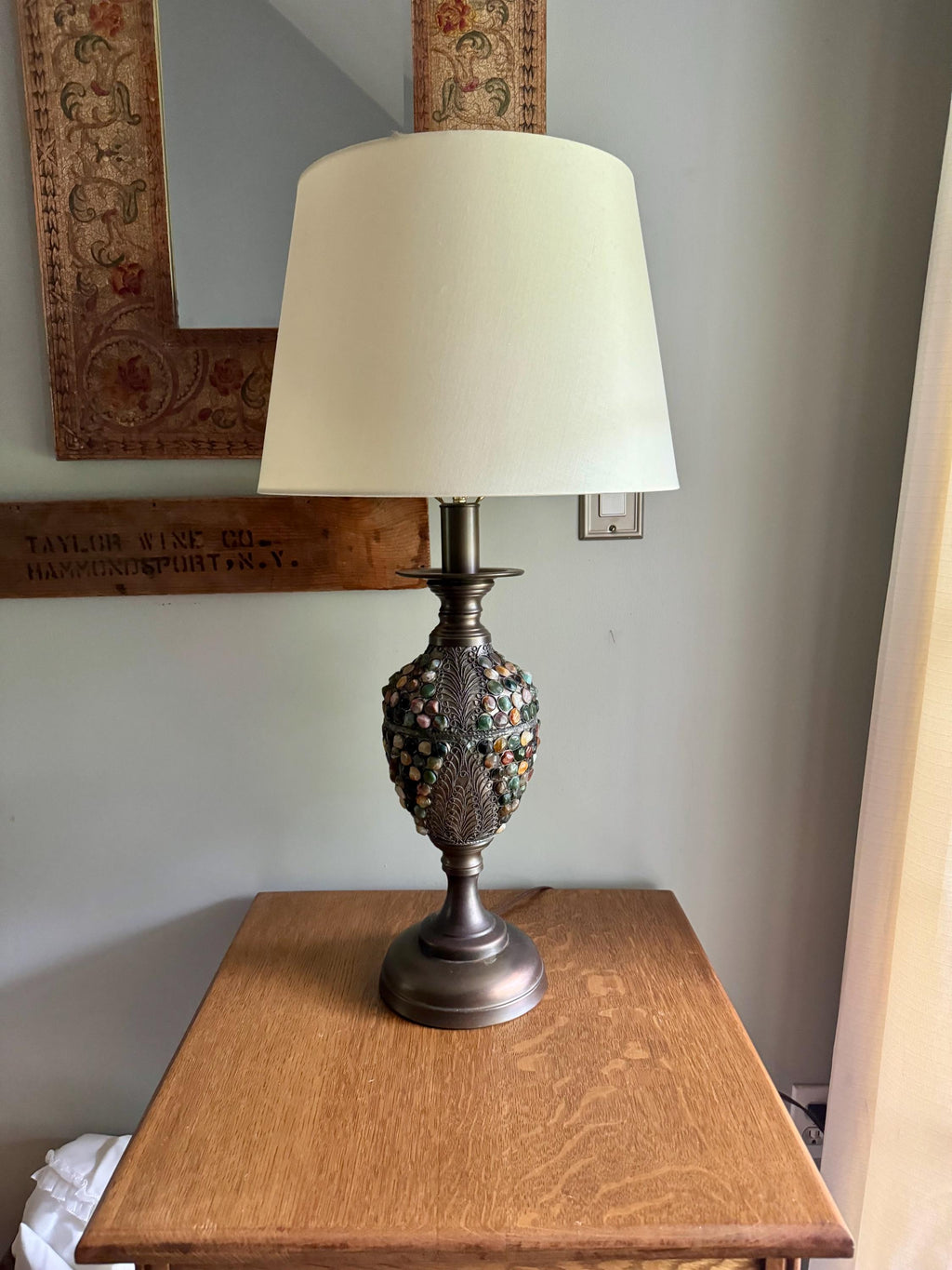 Vintage Currey & Company Metal and Stone Lamp | Stone Embossed Lamp | Currey and Company Metal Filigree Lamp | Boho Lamp